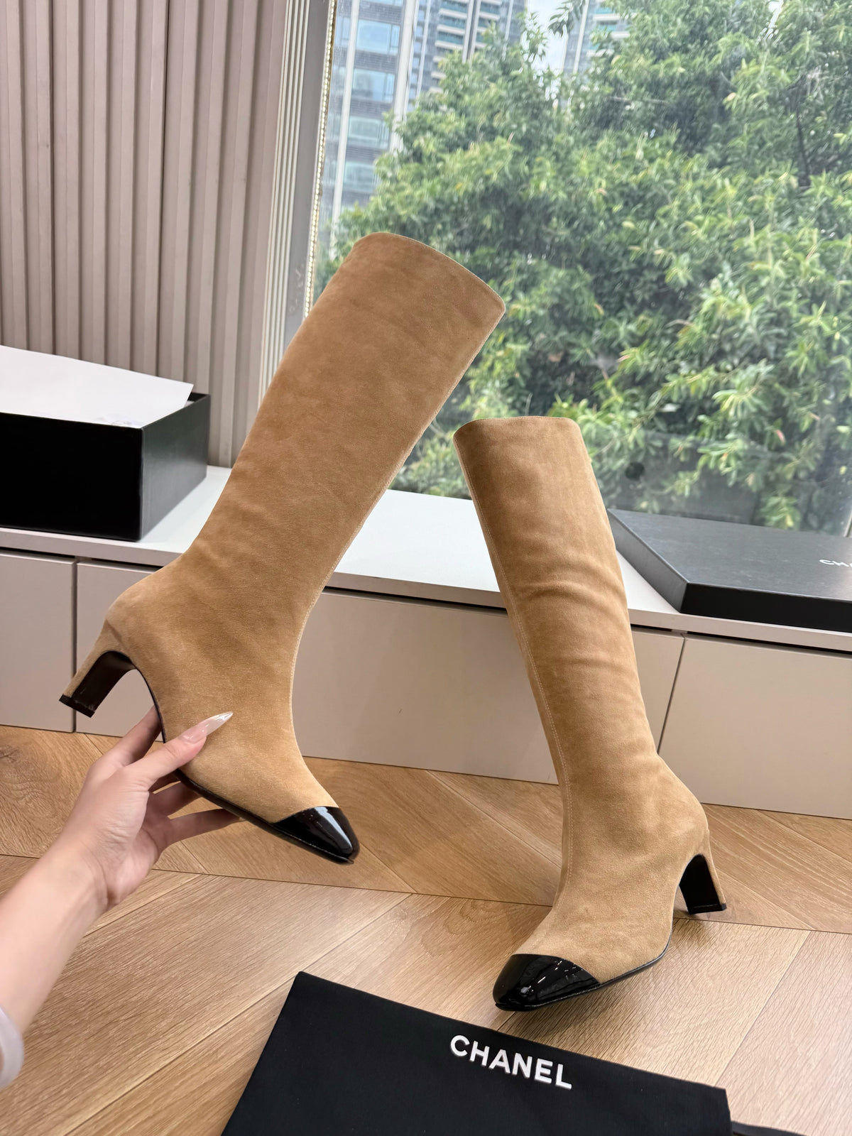 CC 26s Cap Toe Knee High Boots Beige Suede 168810