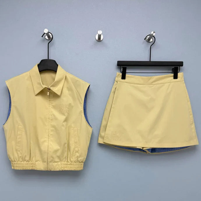 Miumiu 2026 Vest and Skirt Set Pale Yellow Polyester