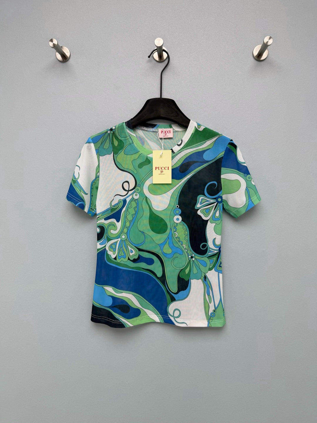 Pucci 26s Short-Sleeve T-Shirt Green Blue Cotton Polyester 371728