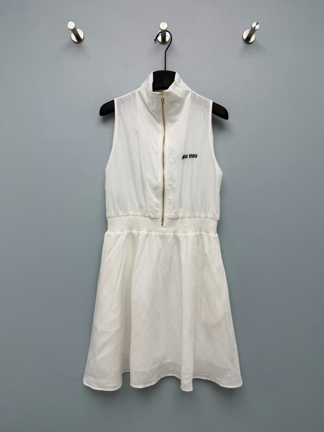 Miu Collar Zipper Sleeveless Waist-Cinching Dress White Linen 394352