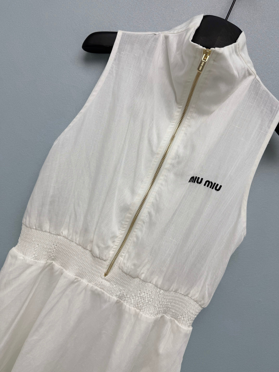 Miu Collar Zipper Sleeveless Waist-Cinching Dress White Linen 394352