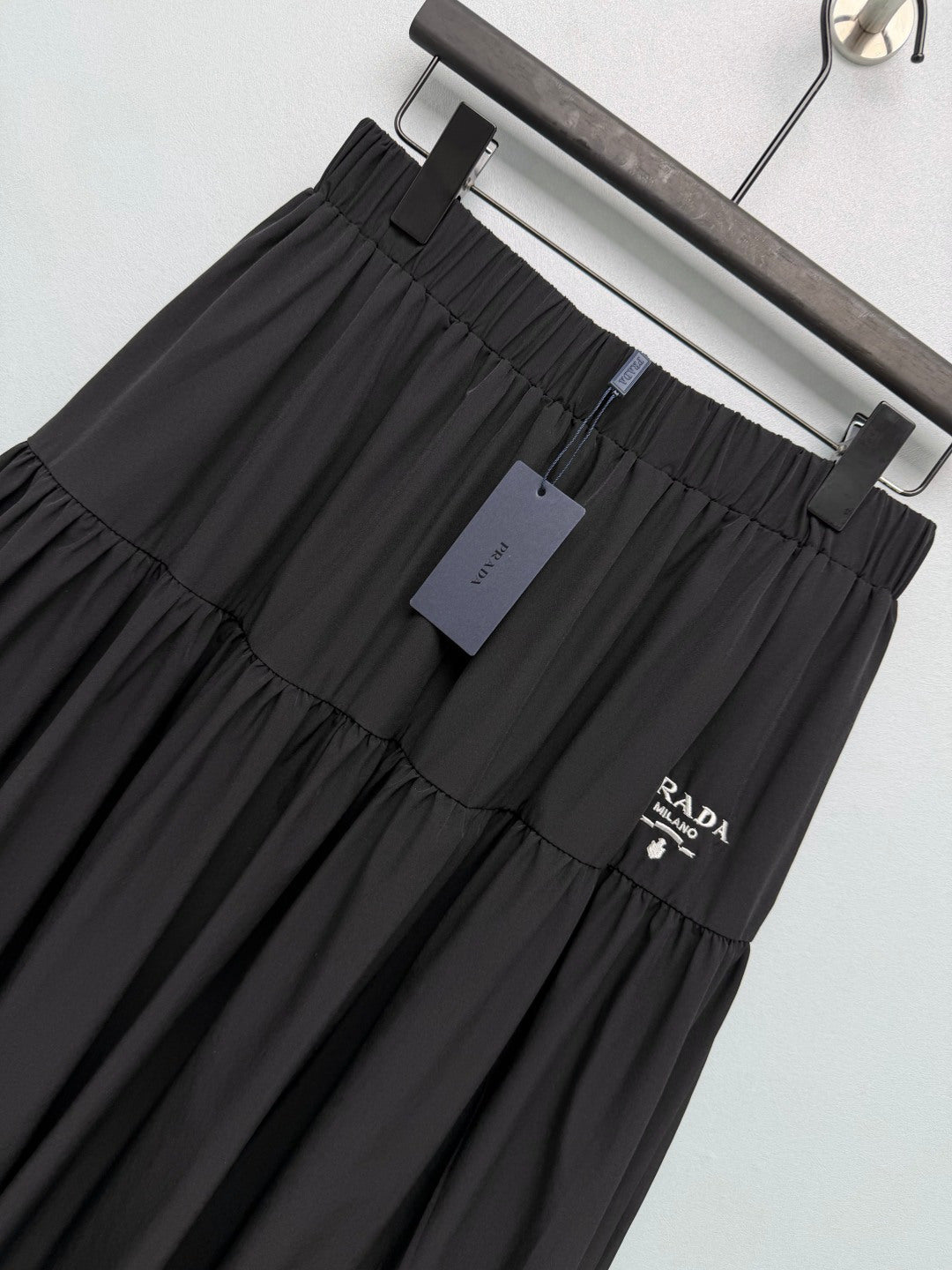 Prada 26s Elastic Waist Layered Tulip Skirt Black Cotton Polyester 411637