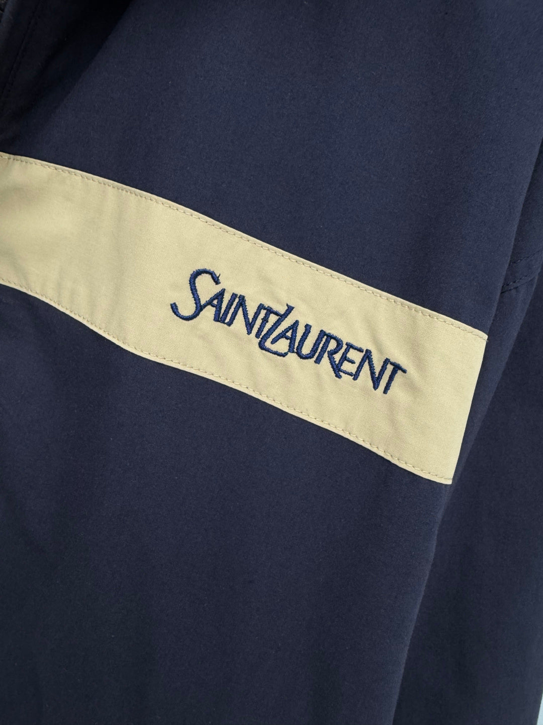 YSL Color-Blocked Stand Collar Sports Jacket Navy Blue Beige Linen 411608