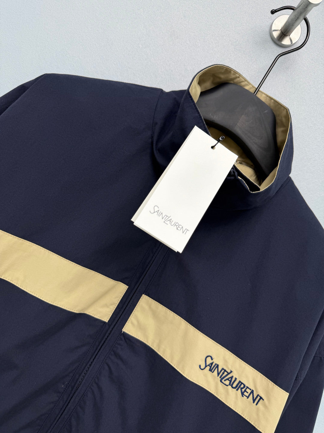 YSL Color-Blocked Stand Collar Sports Jacket Navy Blue Beige Linen 411608