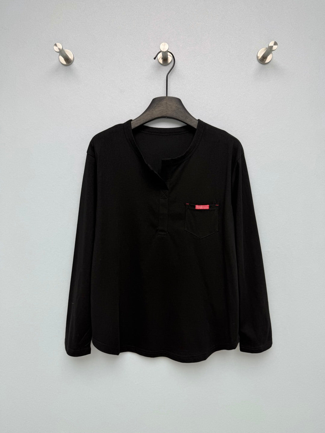 Prada 26s Half-Button Henley Collar Long-Sleeve Top Black Cotton 425188