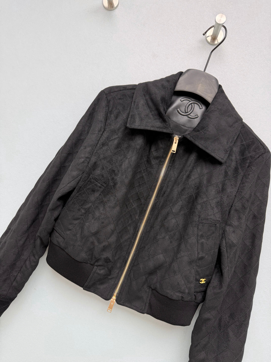 Chanel 26s Collared Bomber Zip Jacket Black Velvet 436039