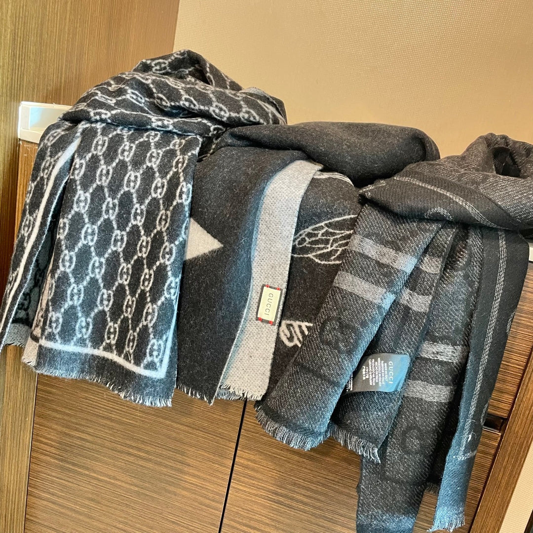 GG Double G Jacquard Scarf 180CM Black Gray Wool 283098