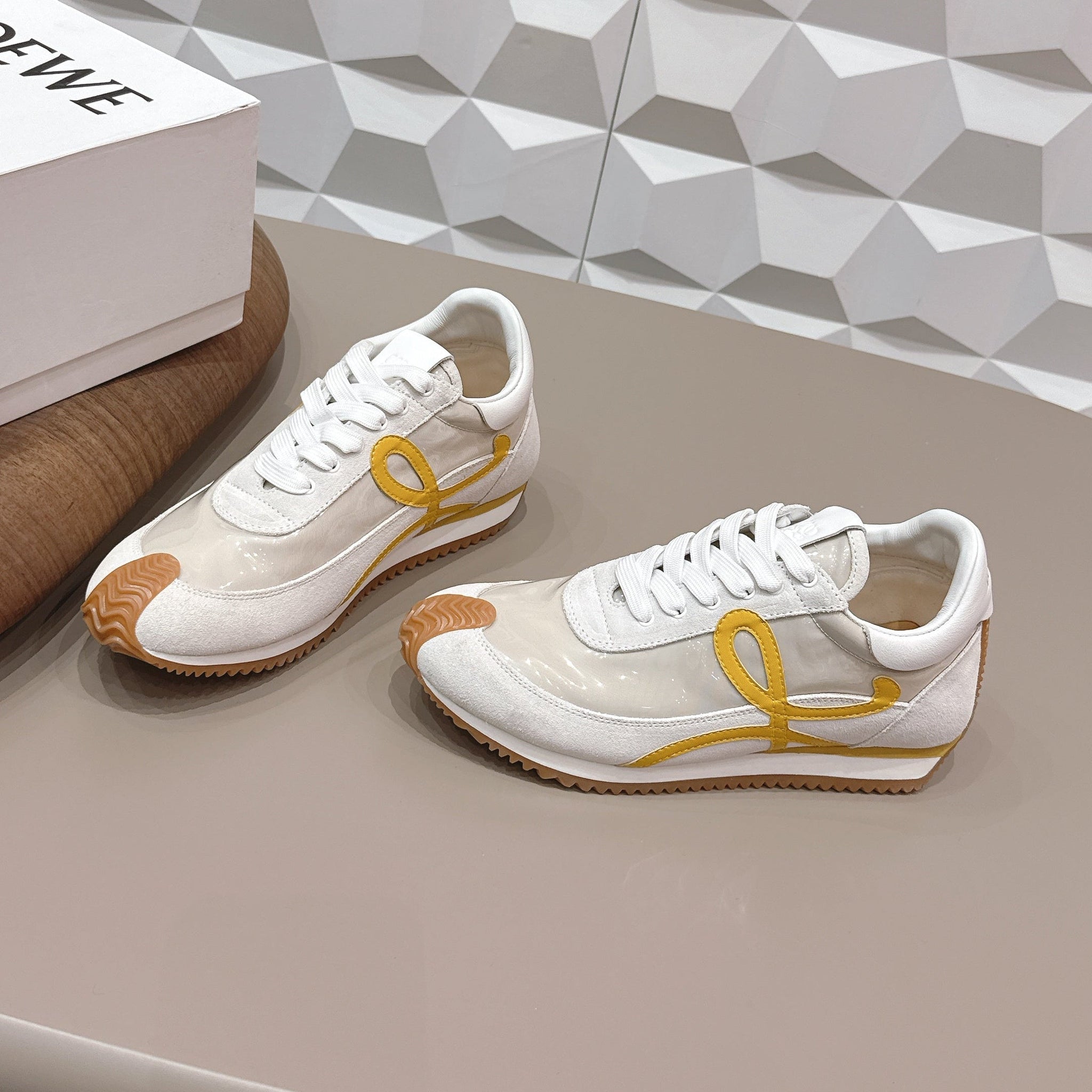 Loewe 26s Flow Runner Sneaker In White Yellow Suede And Clear Plastic And Calfskin