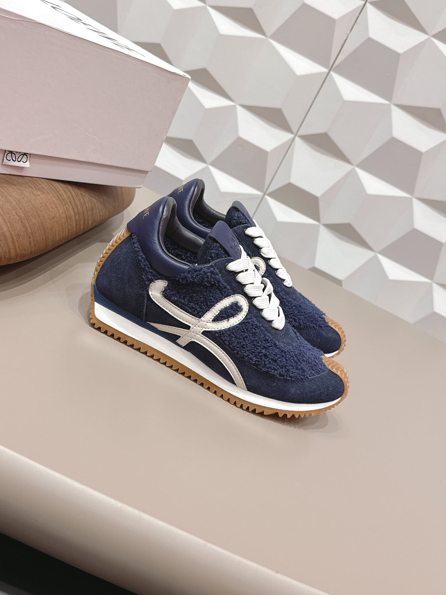Loewe 26s Flow Runner Sneaker In Navy Blue Suede And Teddy Fabric And Calfskin