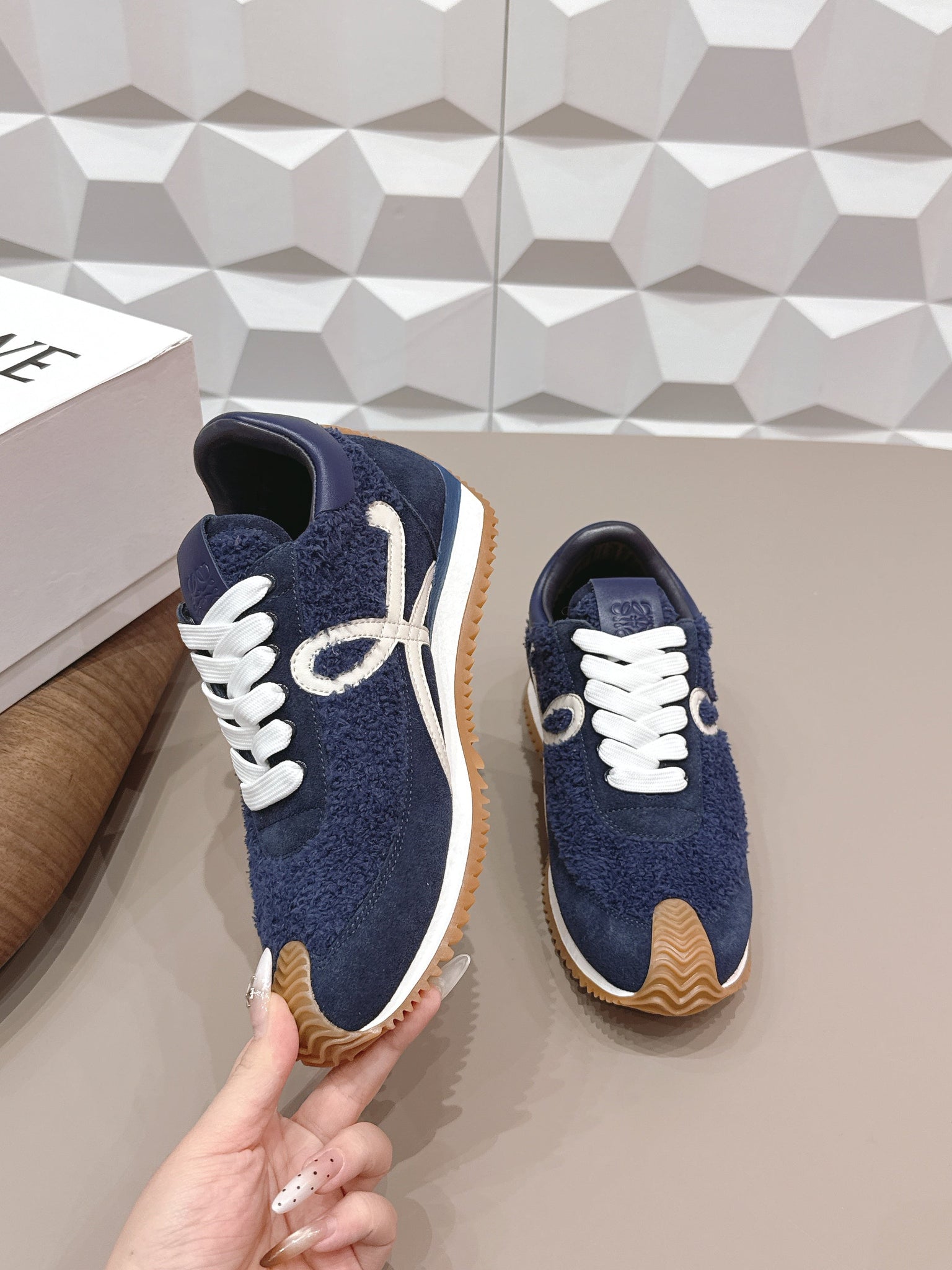 Loewe 26s Flow Runner Sneaker In Navy Blue Suede And Teddy Fabric And Calfskin