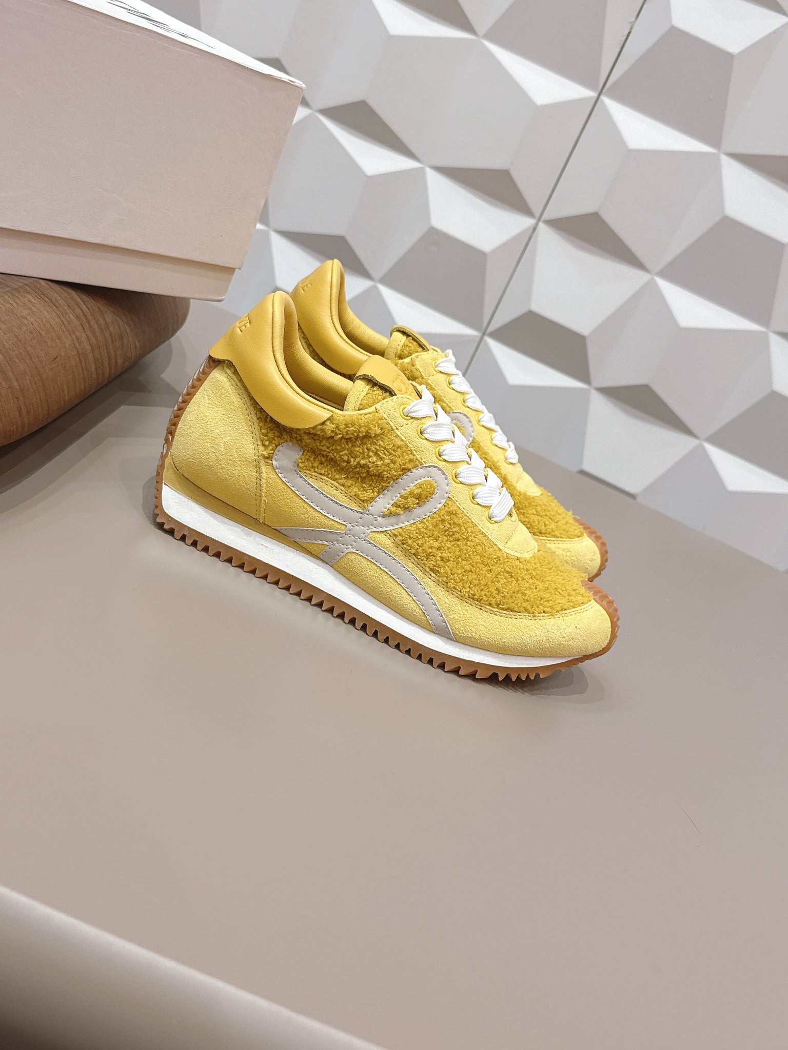 Loewe 26s Flow Runner Sneaker In Yellow Suede And Teddy Fabric And Calfskin