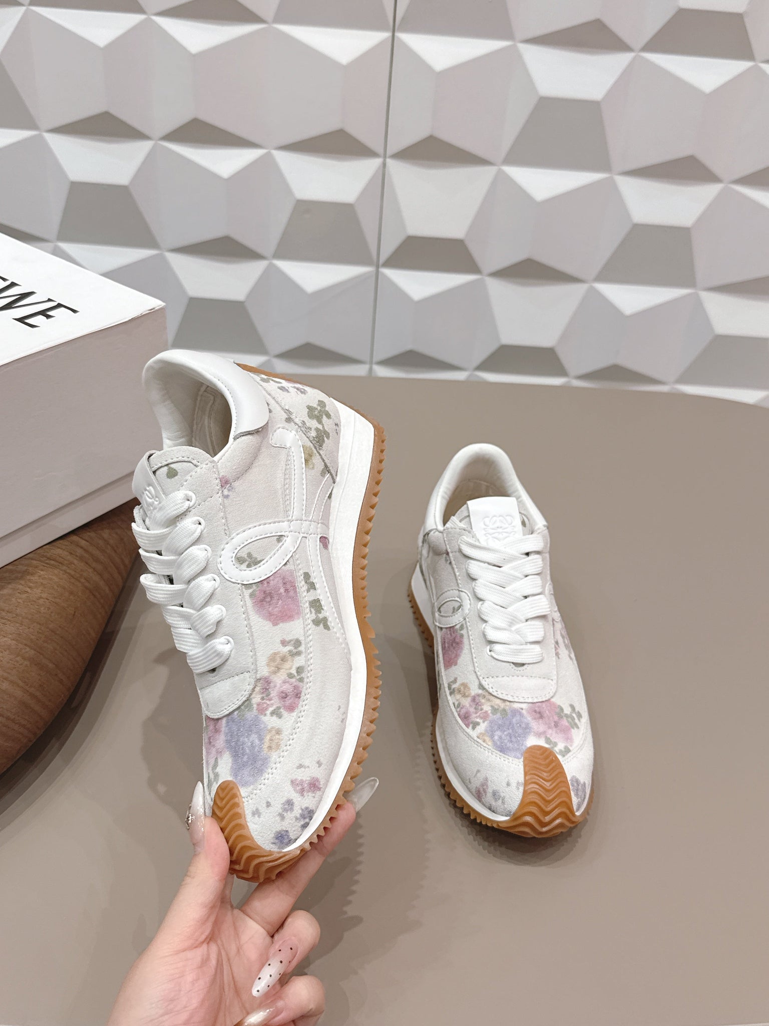 Loewe 26s Flow Runner Sneaker In White Floral Pattern Suede And Calfskin