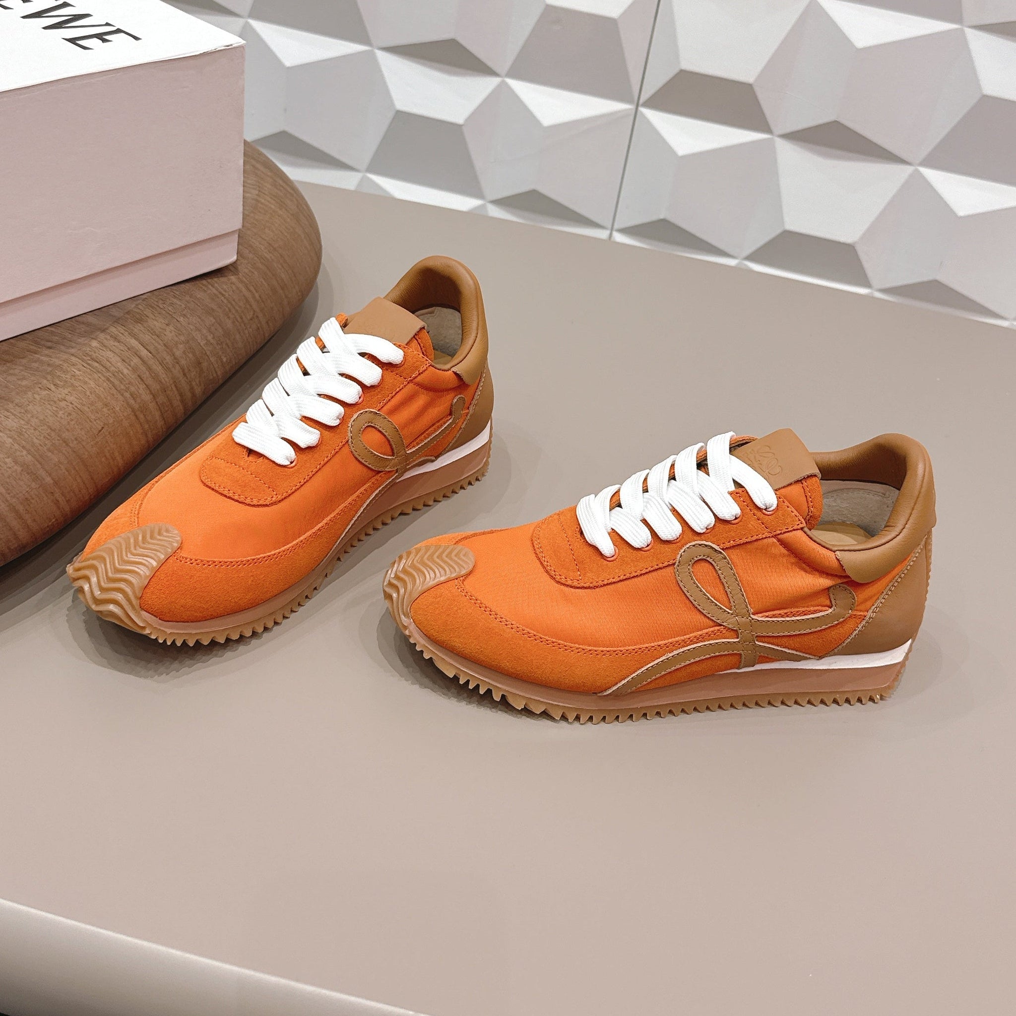 Loewe 26s Flow Runner Sneaker In Orange Suede And Brown Calfskin