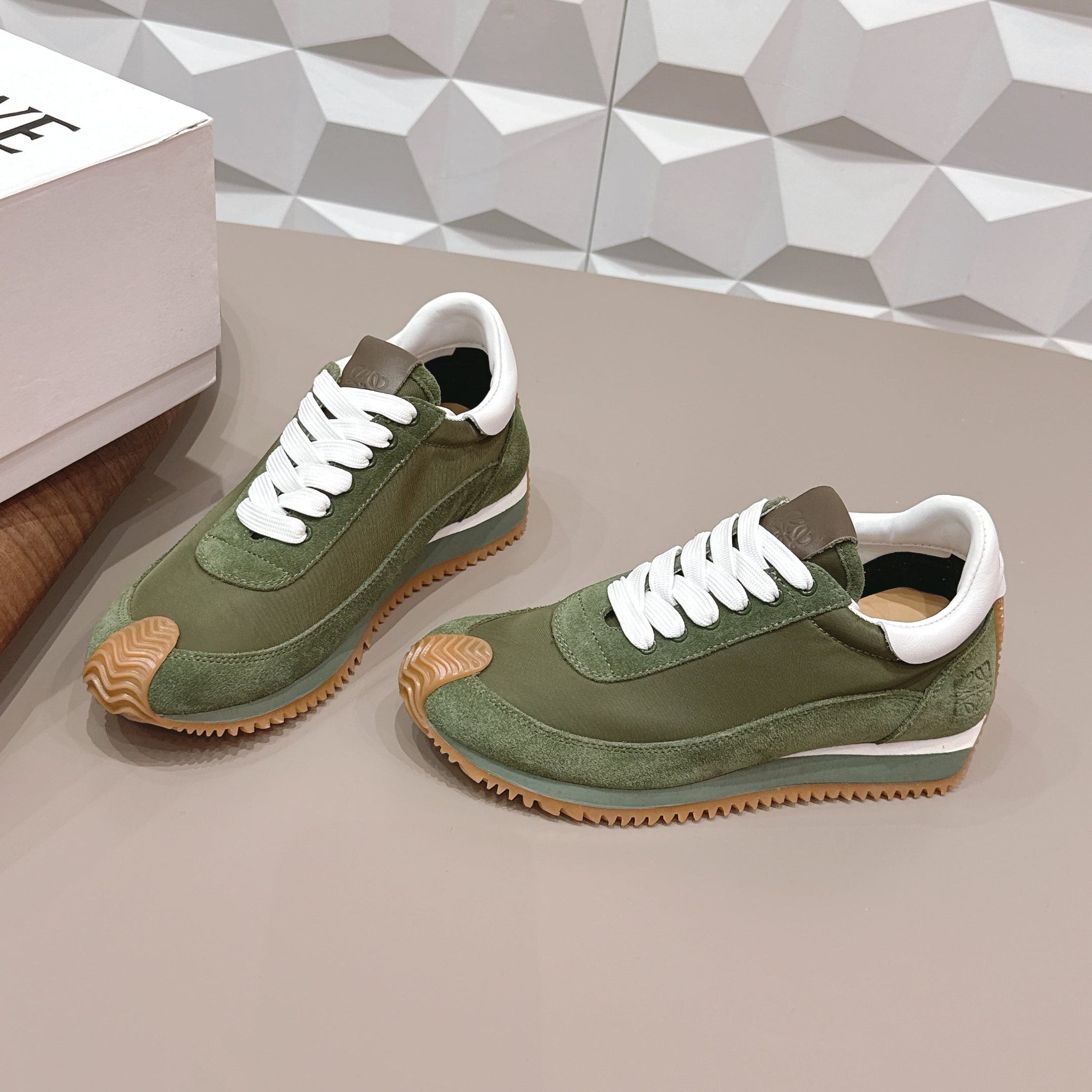 Loewe 26s Flow Runner Sneaker In Dark Olive Green Suede And White Calfskin