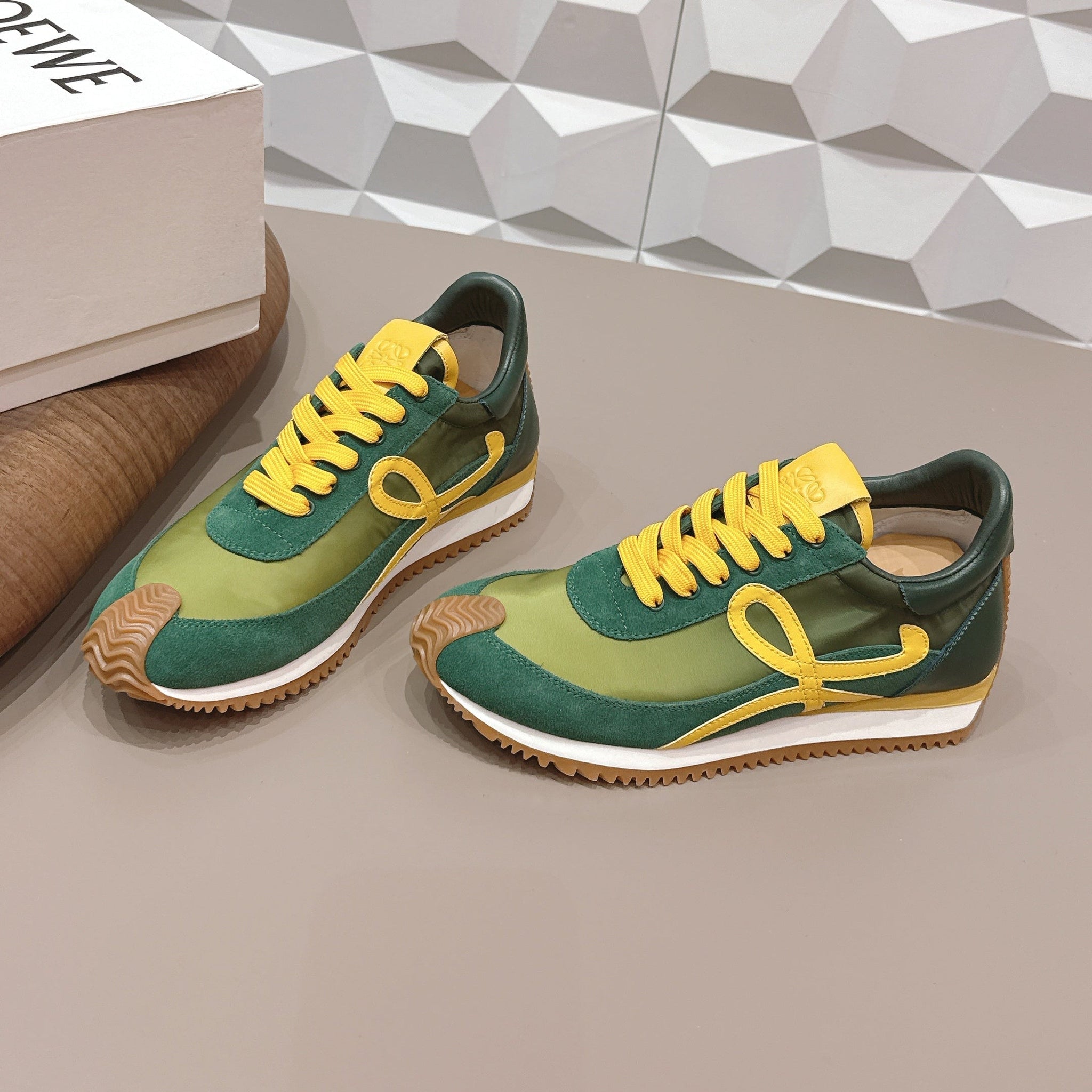 Loewe 26s Flow Runner Sneaker In Green And Yellow Suede And Calfskin