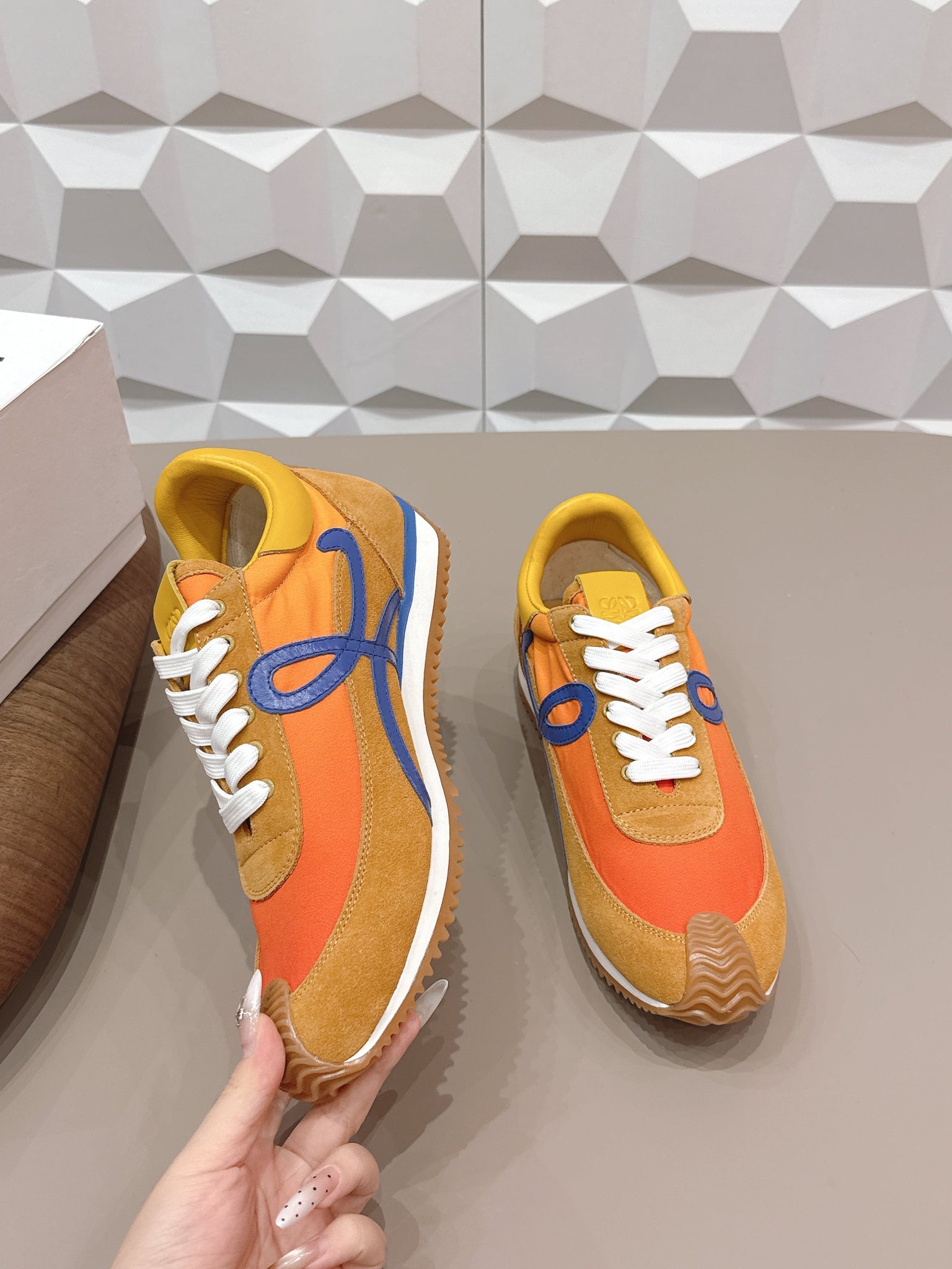Loewe 26s Flow Runner Sneaker In Caramel Brown Suede And Golden Yellow Calfskin