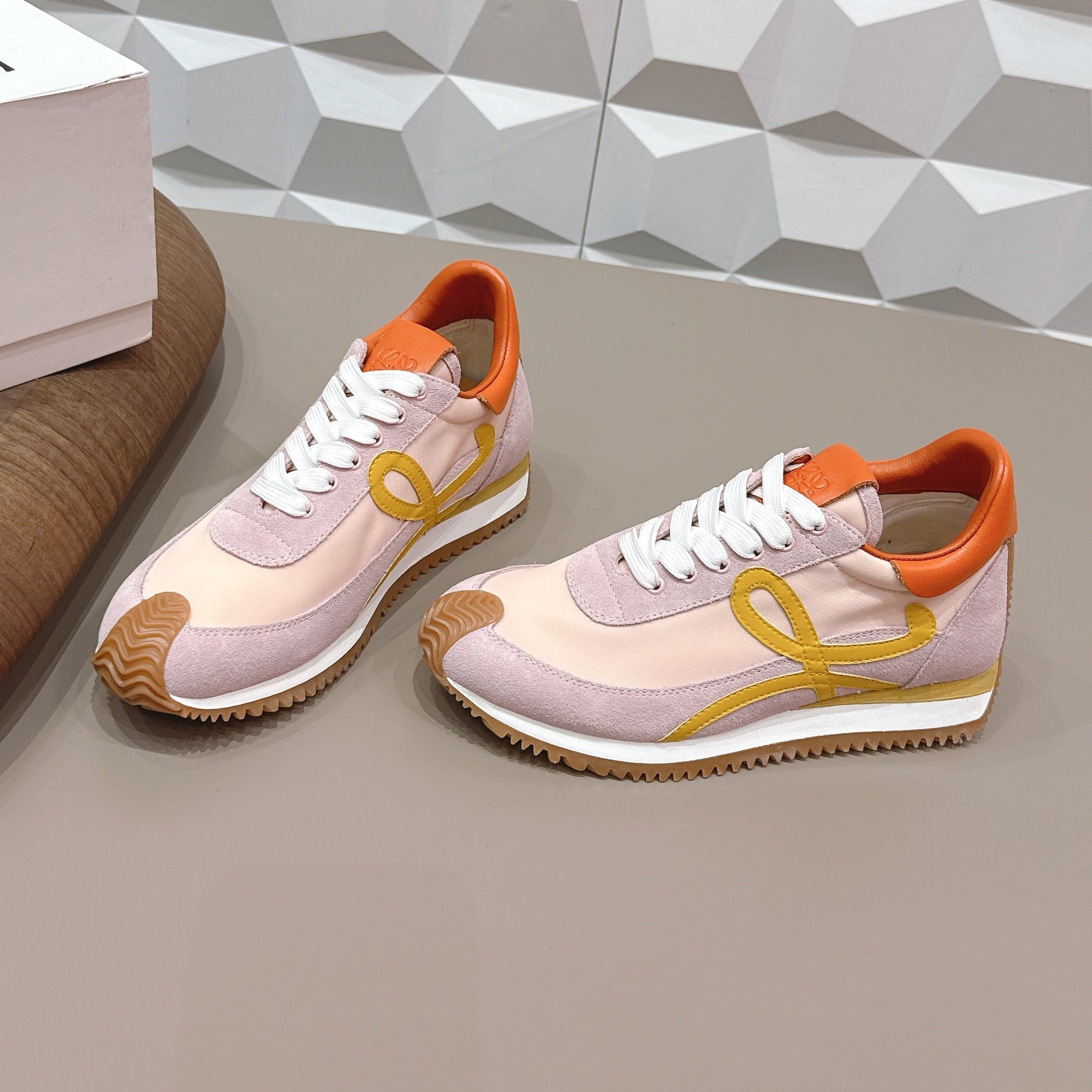 Loewe 26s Flow Runner Sneaker In Light Pink Suede And Orange Calfskin