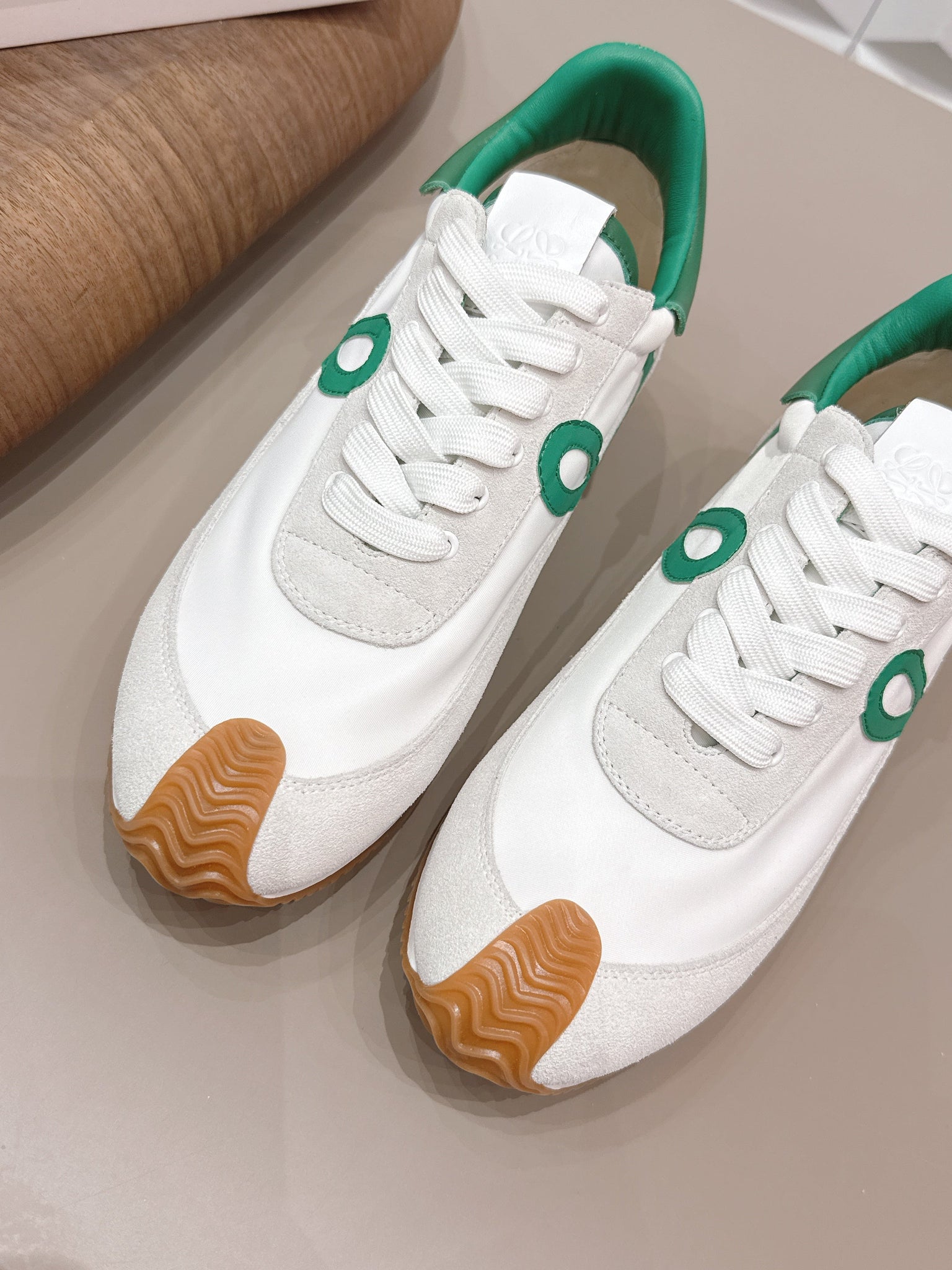 Loewe 26s Flow Runner Sneaker In White Suede And Deep Teal Green Calfskin