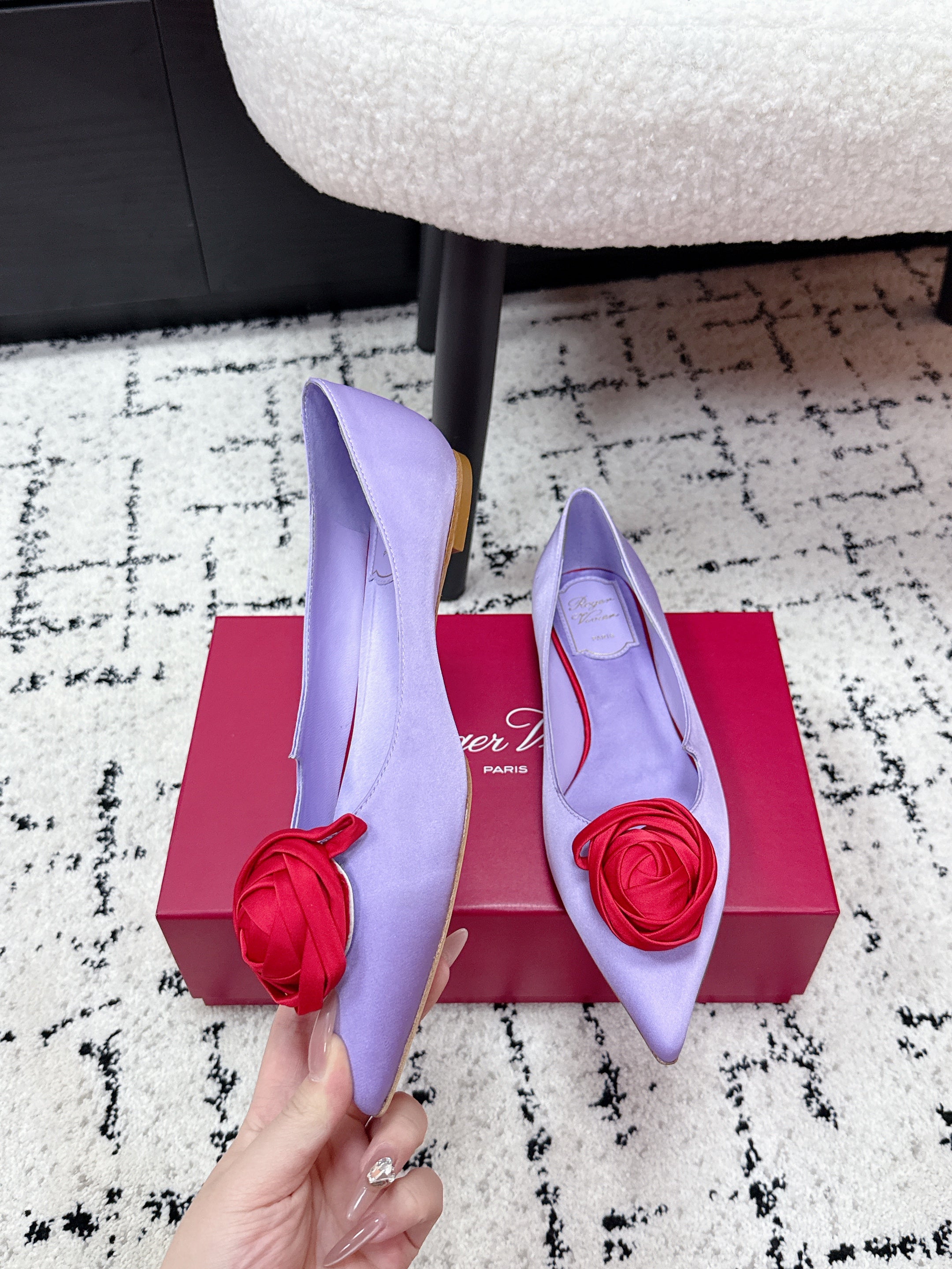 RV Rose Vivier Flower Slingback Flat Purple Red Satin 617287