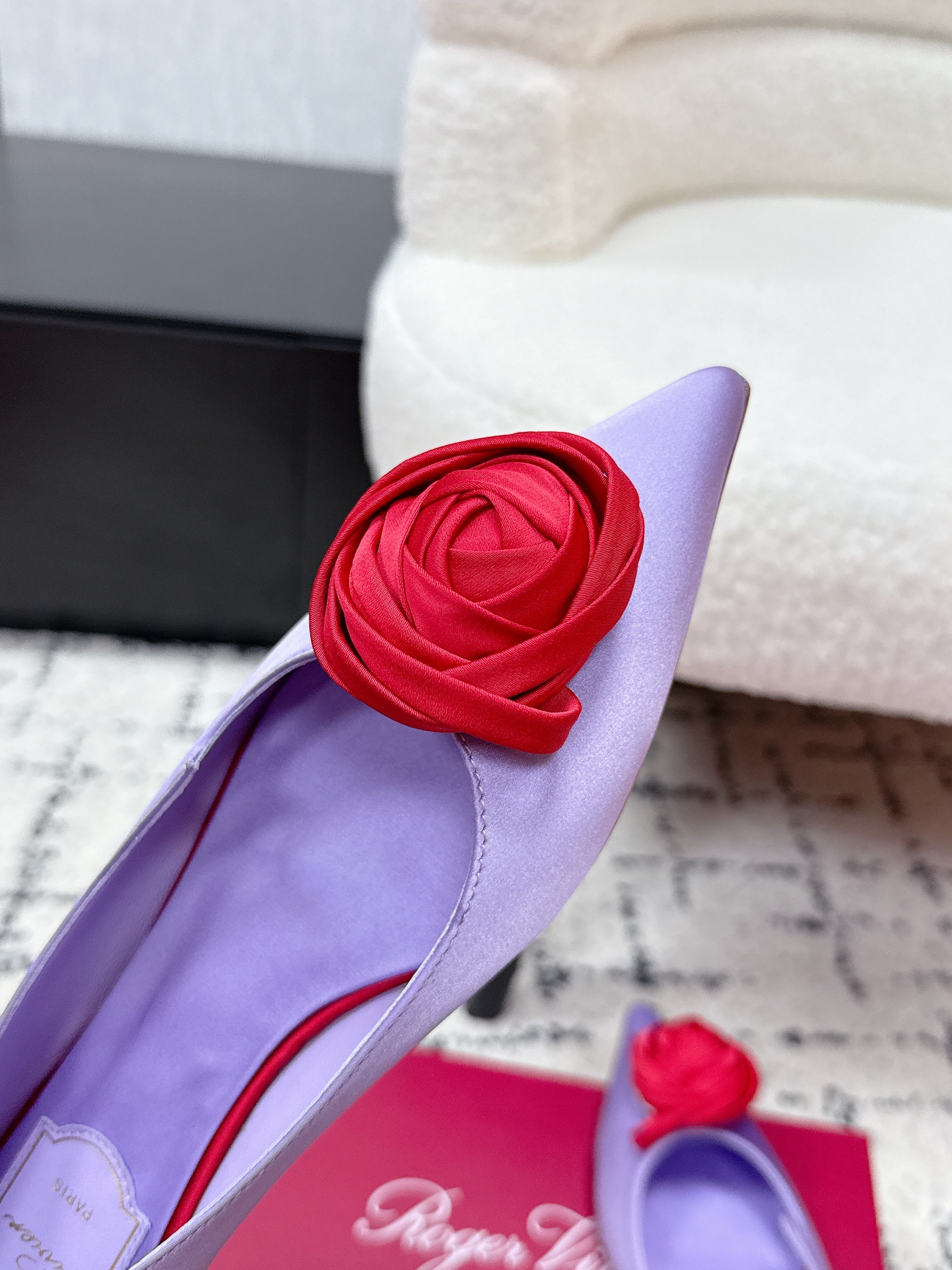 RV Rose Vivier Flower Slingback Flat Purple Red Satin 617287
