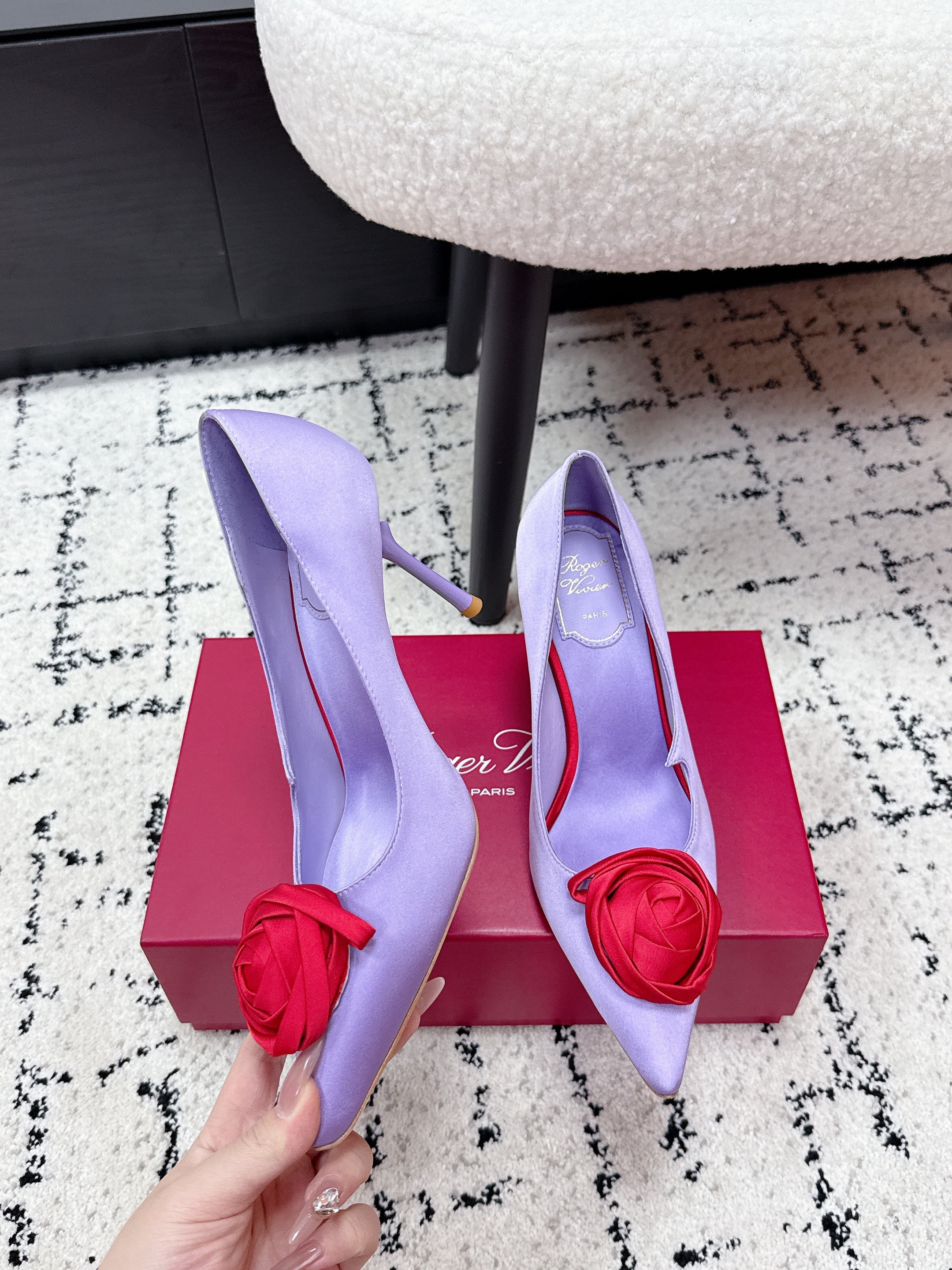 RV Rose Vivier Flower Pumps 10cm Red Purple Satin 617296