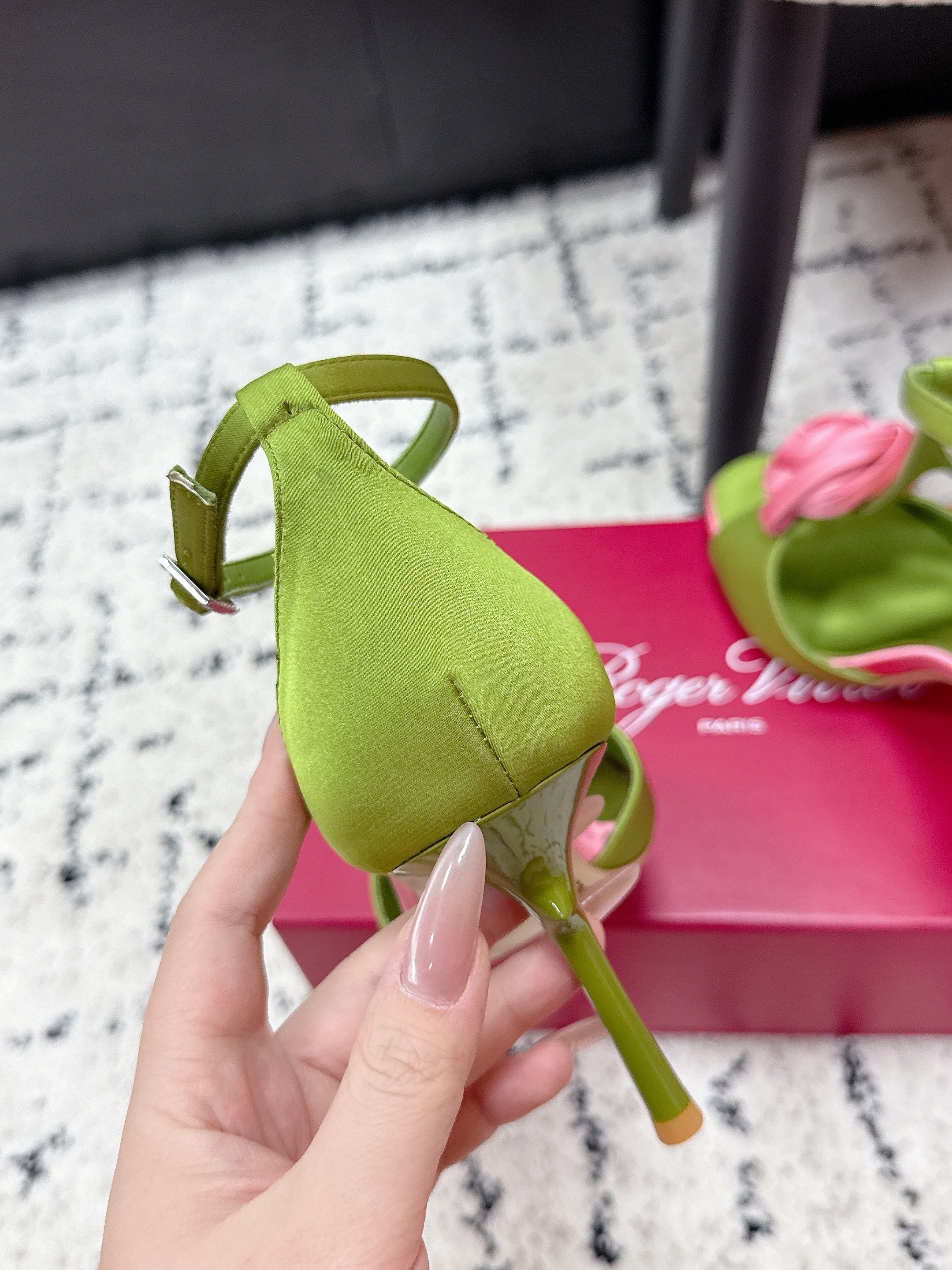 RV Rose Vivier Flower Sandal 10cm Pink Green Satin 617302