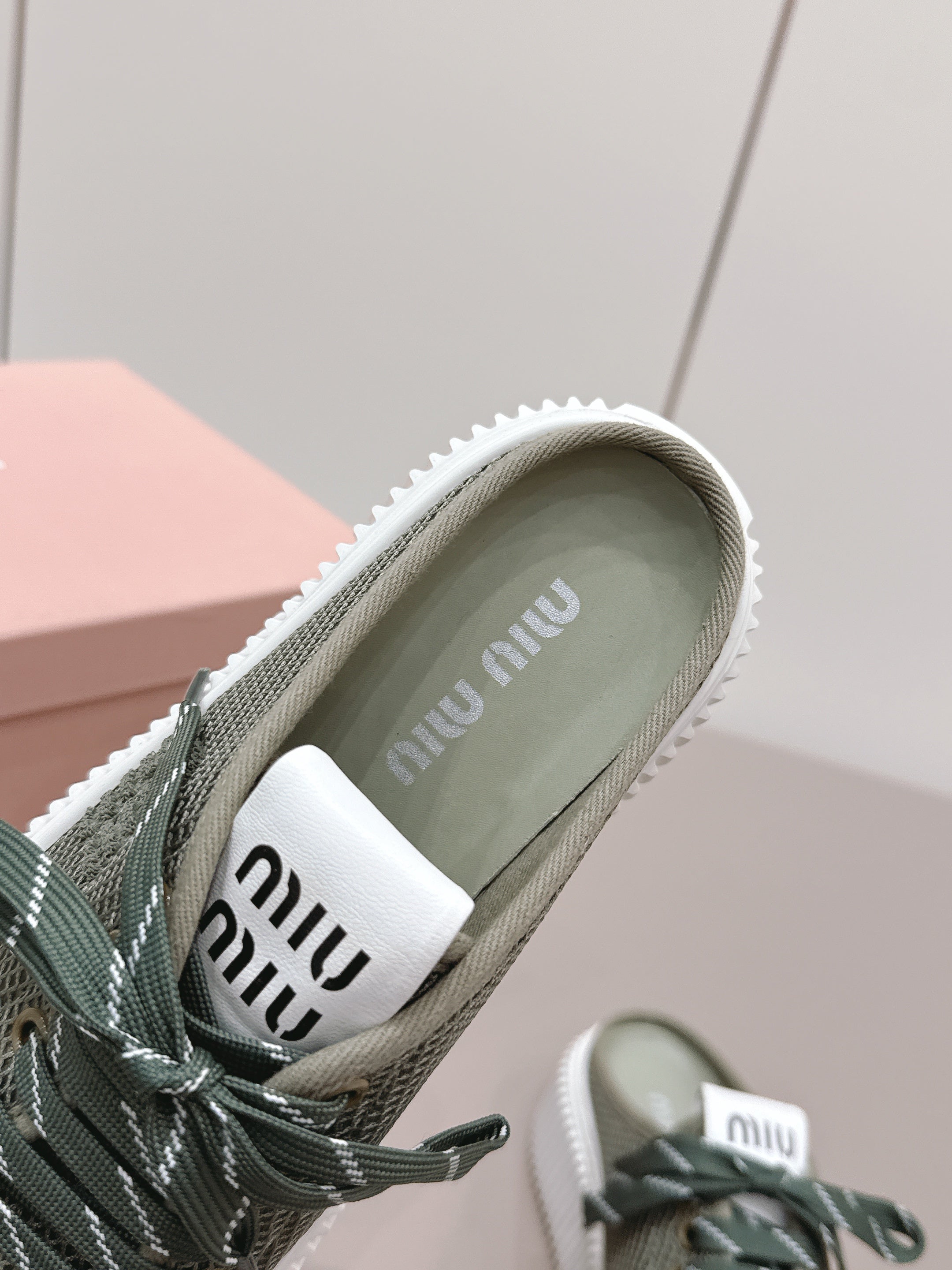 Miu Flatform Sneaker Mules Olive Mesh 738381