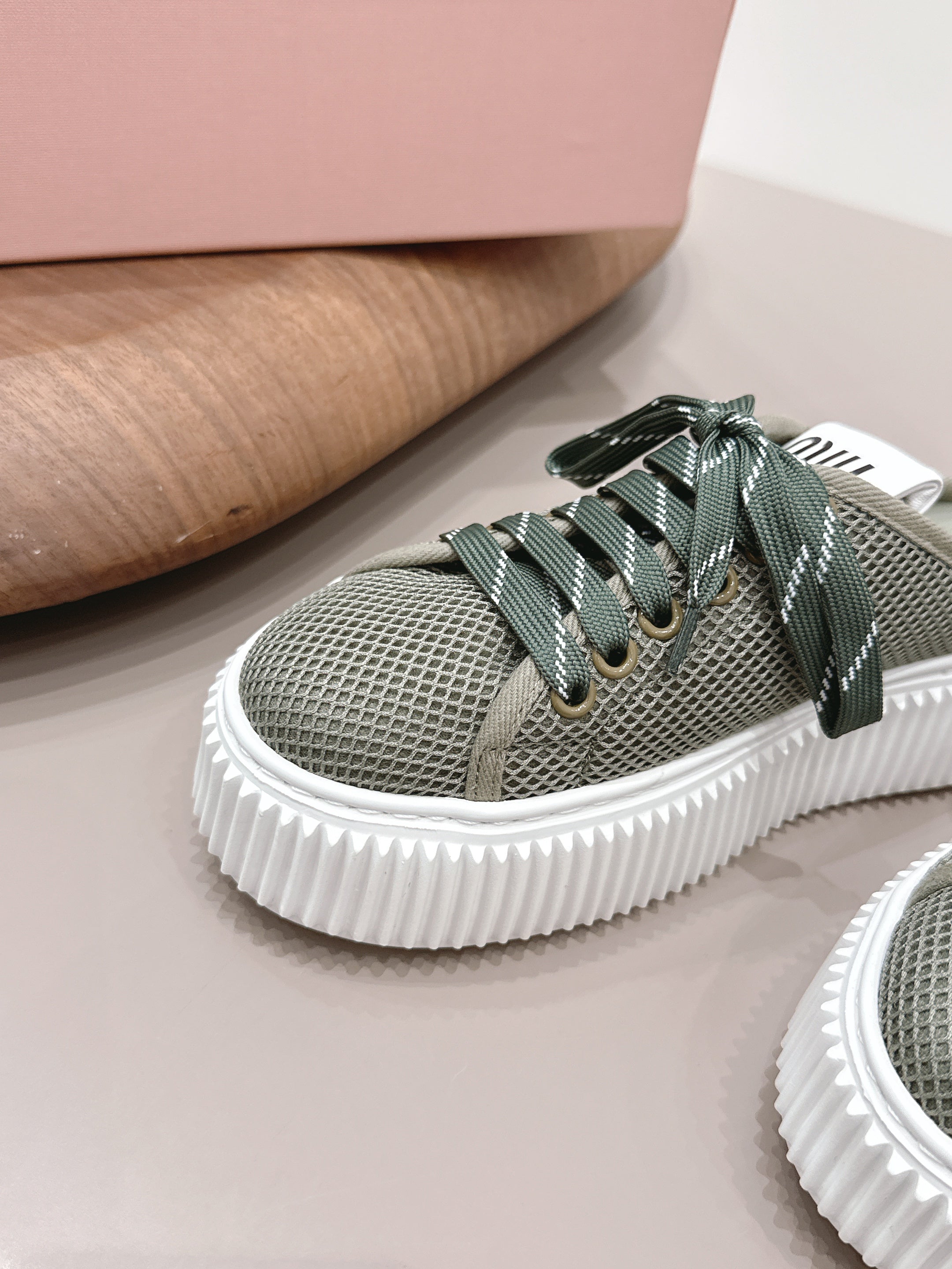 Miu Flatform Sneaker Mules Olive Mesh 738381