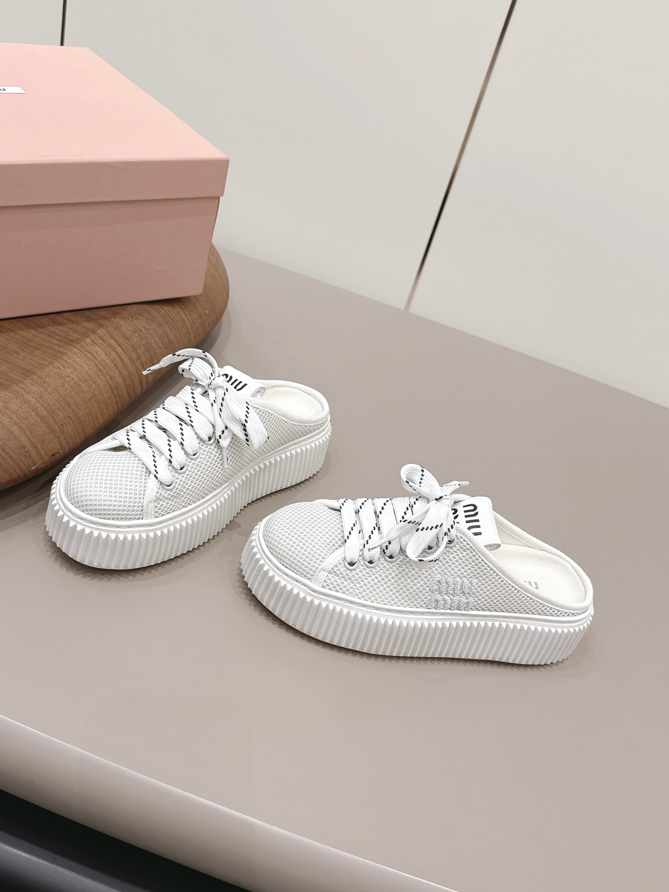 Miu Flatform Sneaker Mules White Mesh 738383