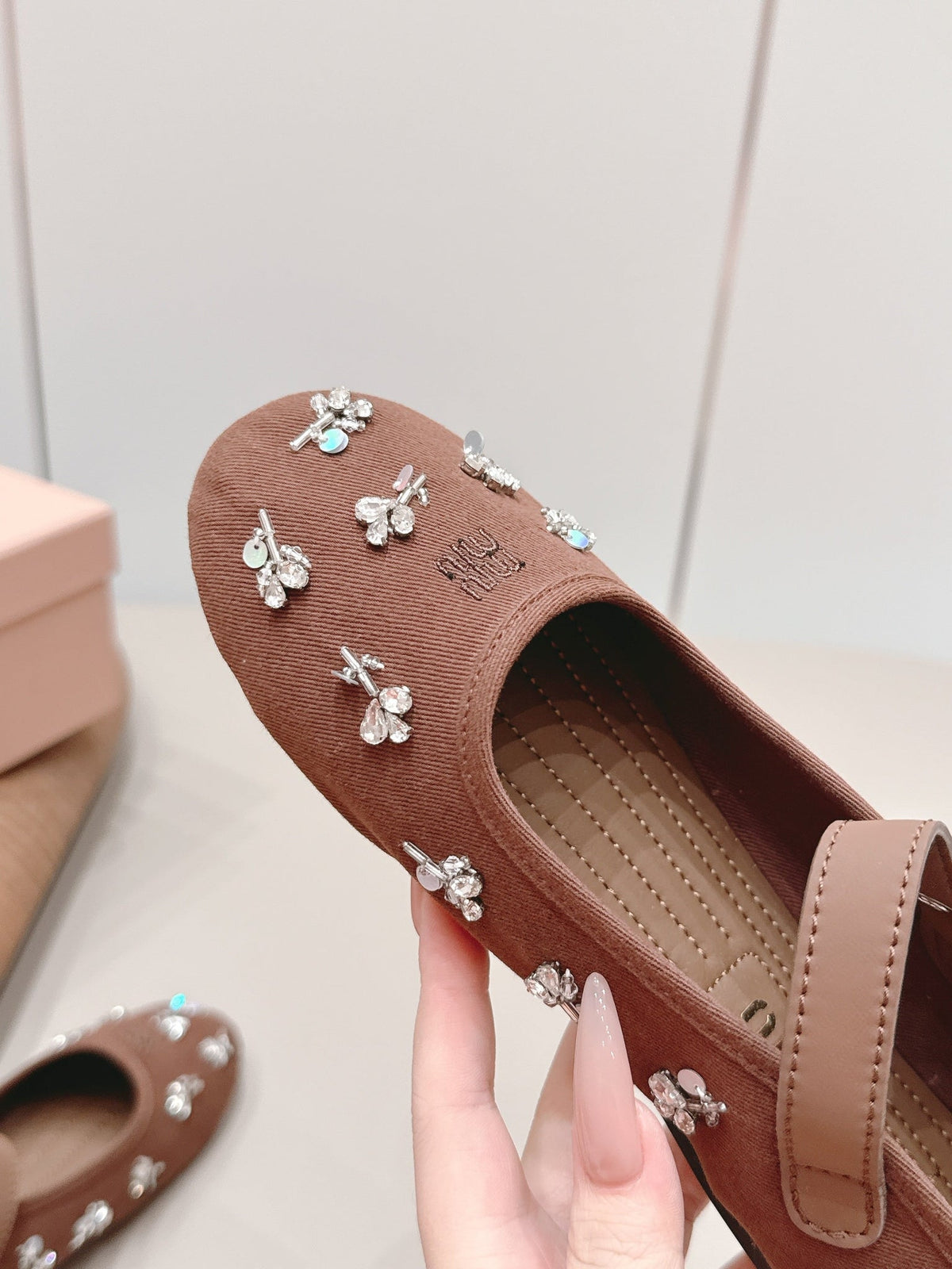 Miumiu 26s Mary Jane Ballet Flats In Brown Fabric Crystal Embellished