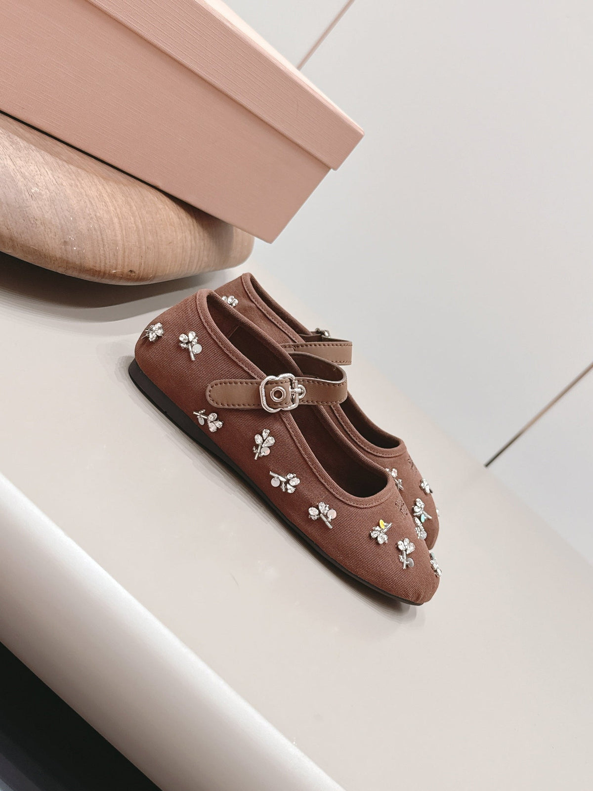 Miumiu 26s Mary Jane Ballet Flats In Brown Fabric Crystal Embellished