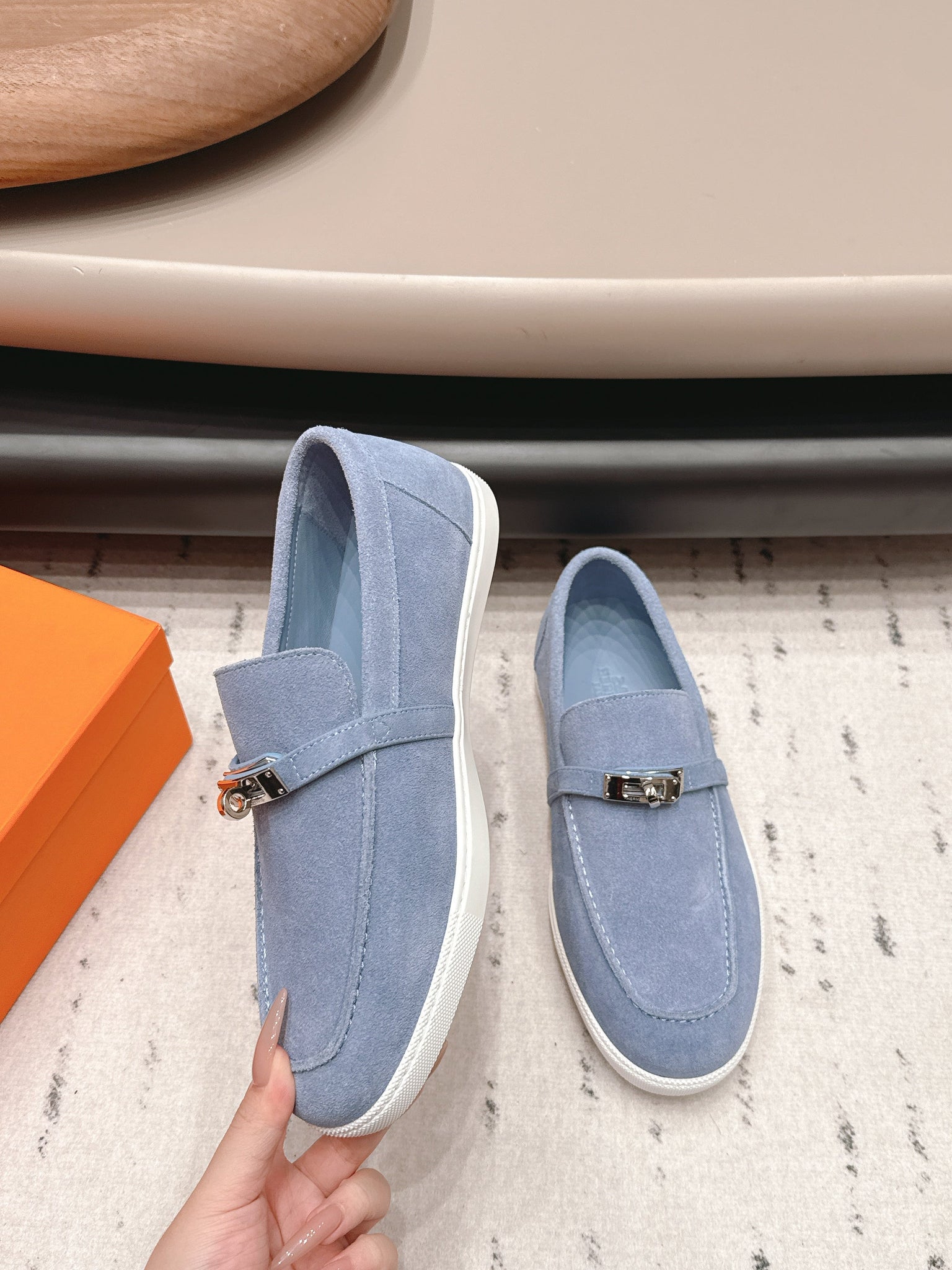 HM 26s Kelly Paris Loafers Light Blue Suede Silver Hardware