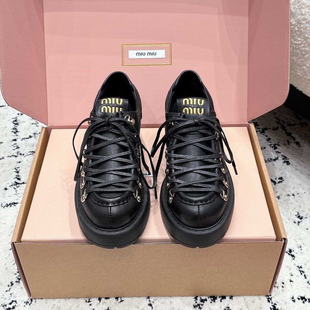 Miu Miu 26s Lace-up Loafers Black Leather 144418