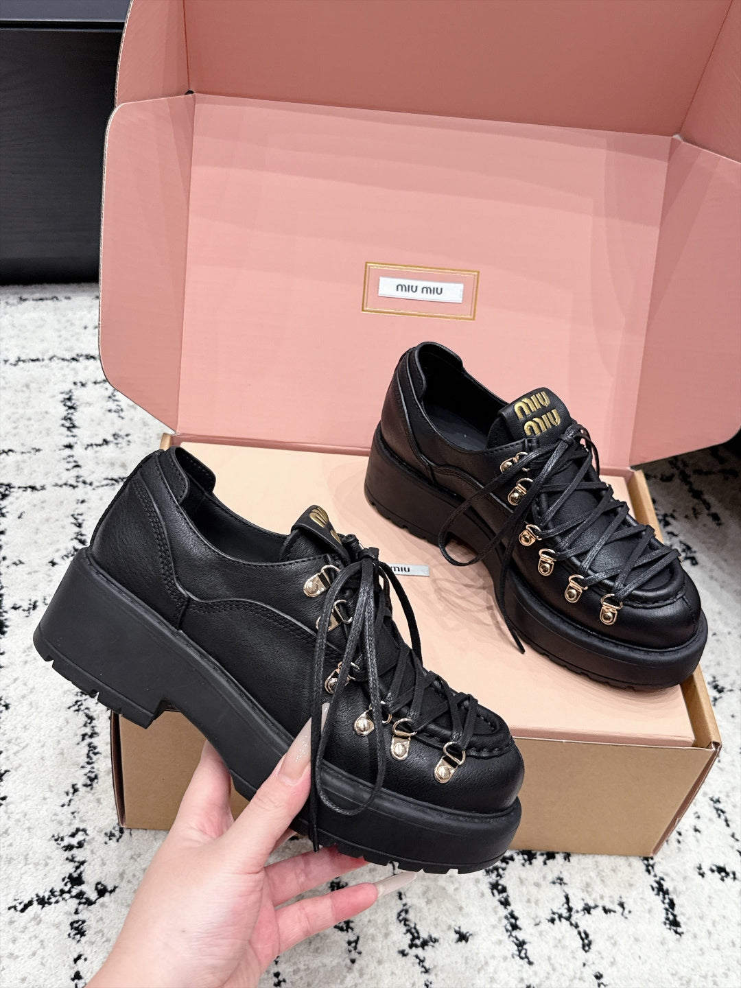 Miu Miu 26s Lace-up Loafers Black Leather 144418