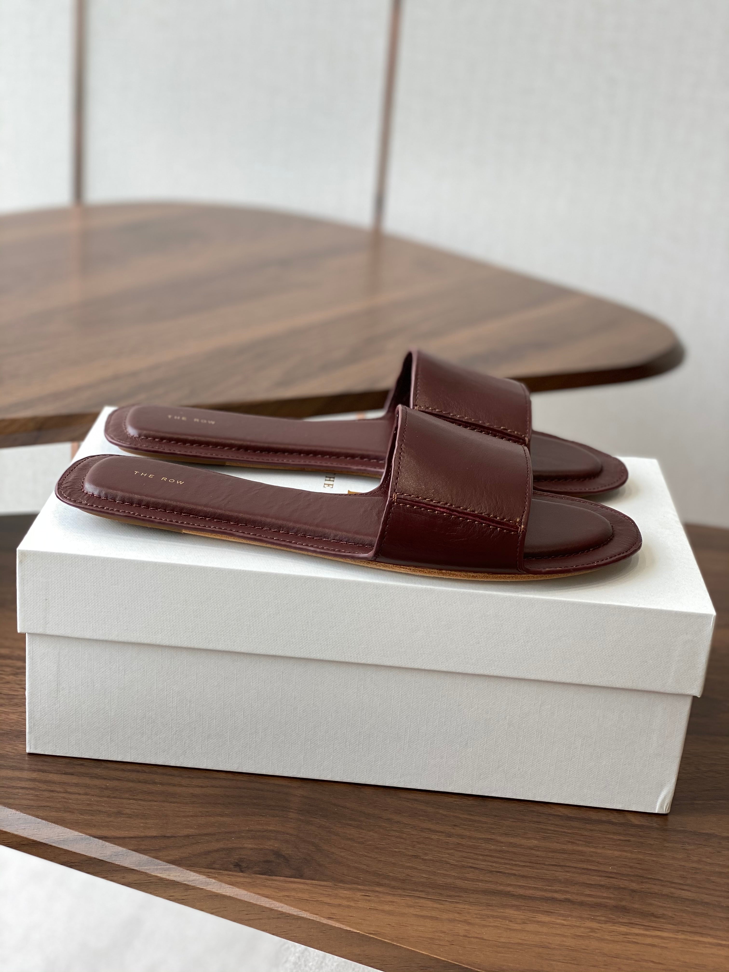 The Row Sara Strap Slide Sandal Dark Russet Brown Cowhide 330805
