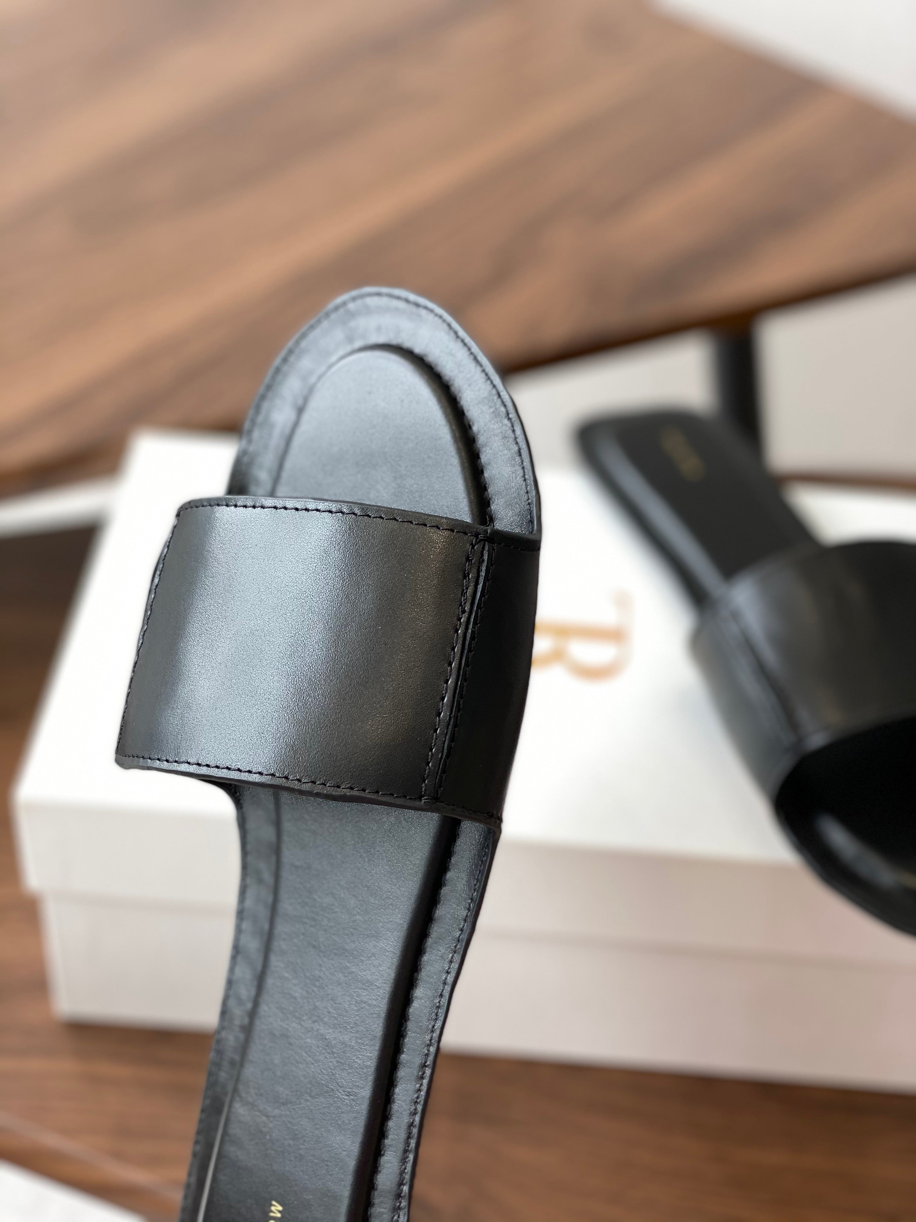 The Row Sara Strap Slide Sandal Black Cowhide 330806
