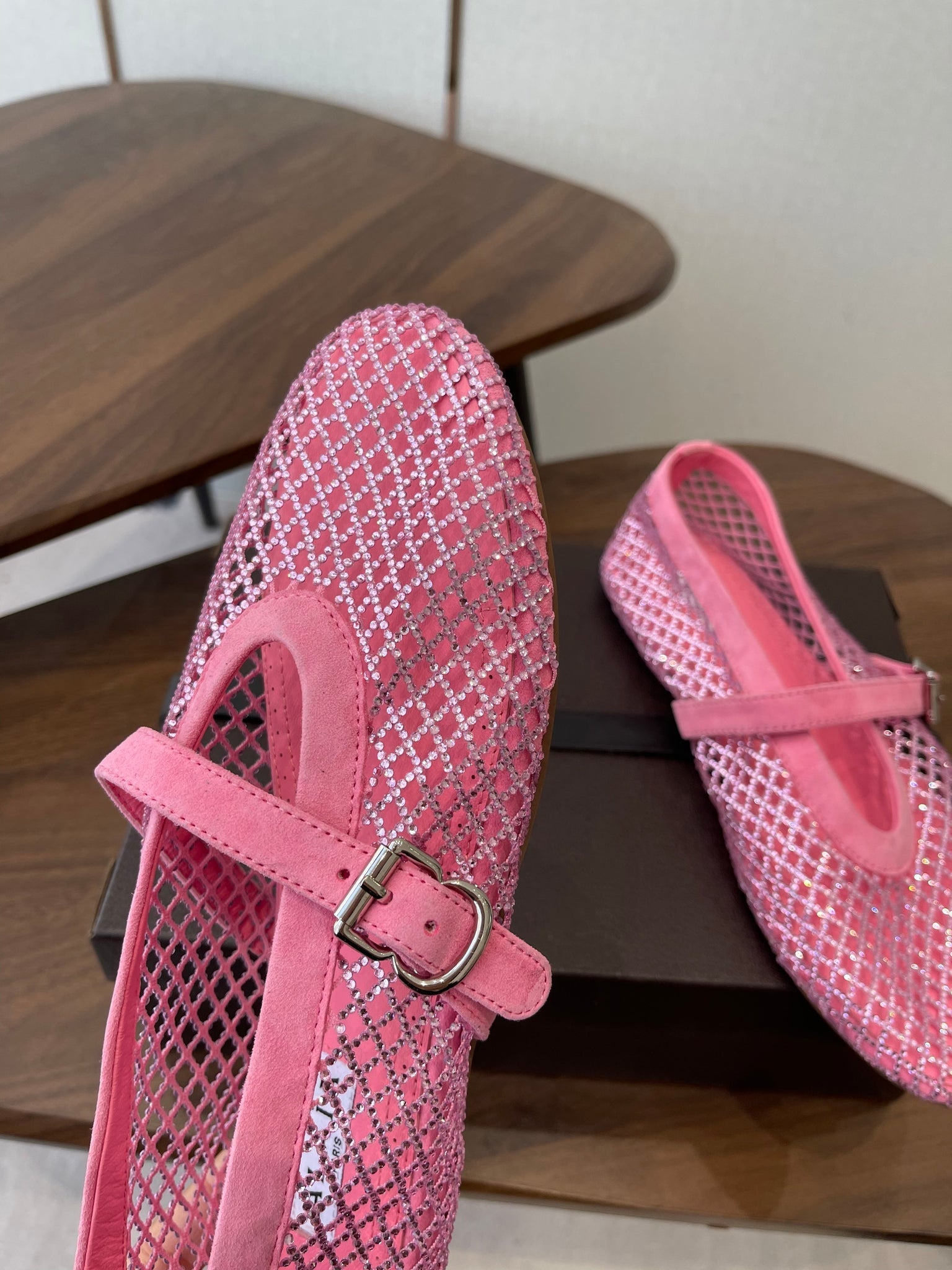 Alaia 26s Mesh Flats In Pink Suede Rhinestone-Embellished