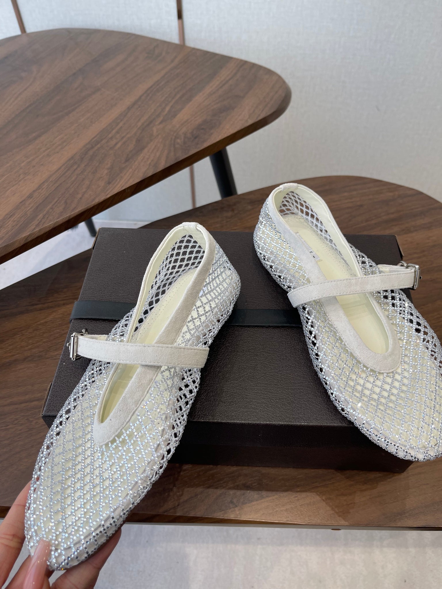 Alaia 26s Mesh Flats In White Suede Rhinestone-Embellished