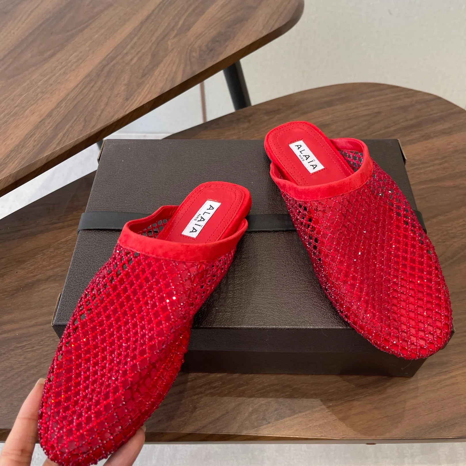 Alaia 26 Half-Slippers Red Mesh Rhinestones 624899