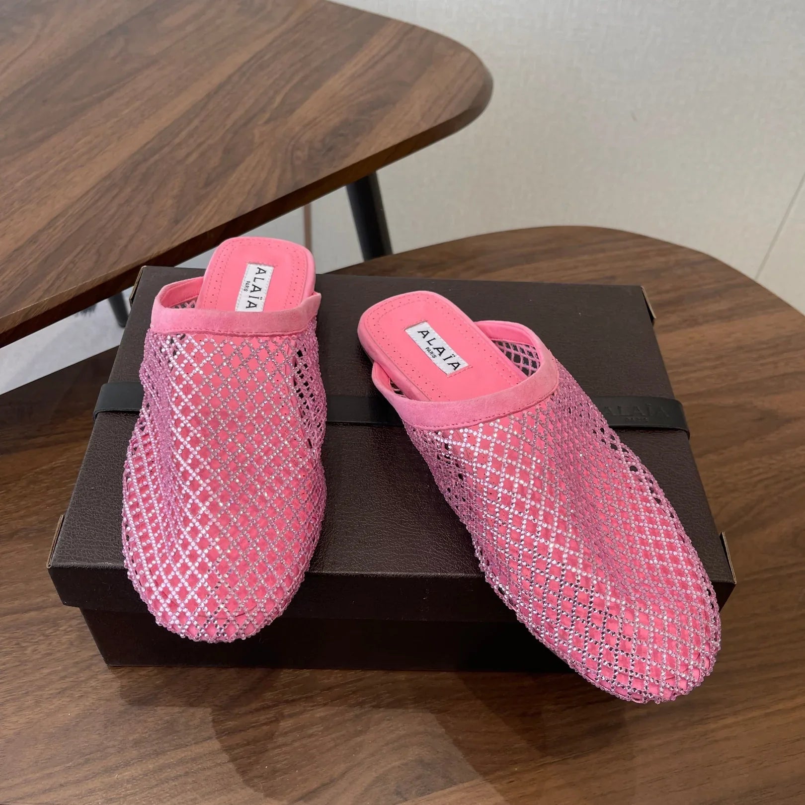 Alaia 26 Half-Slippers Pink Mesh Rhinestones 624902