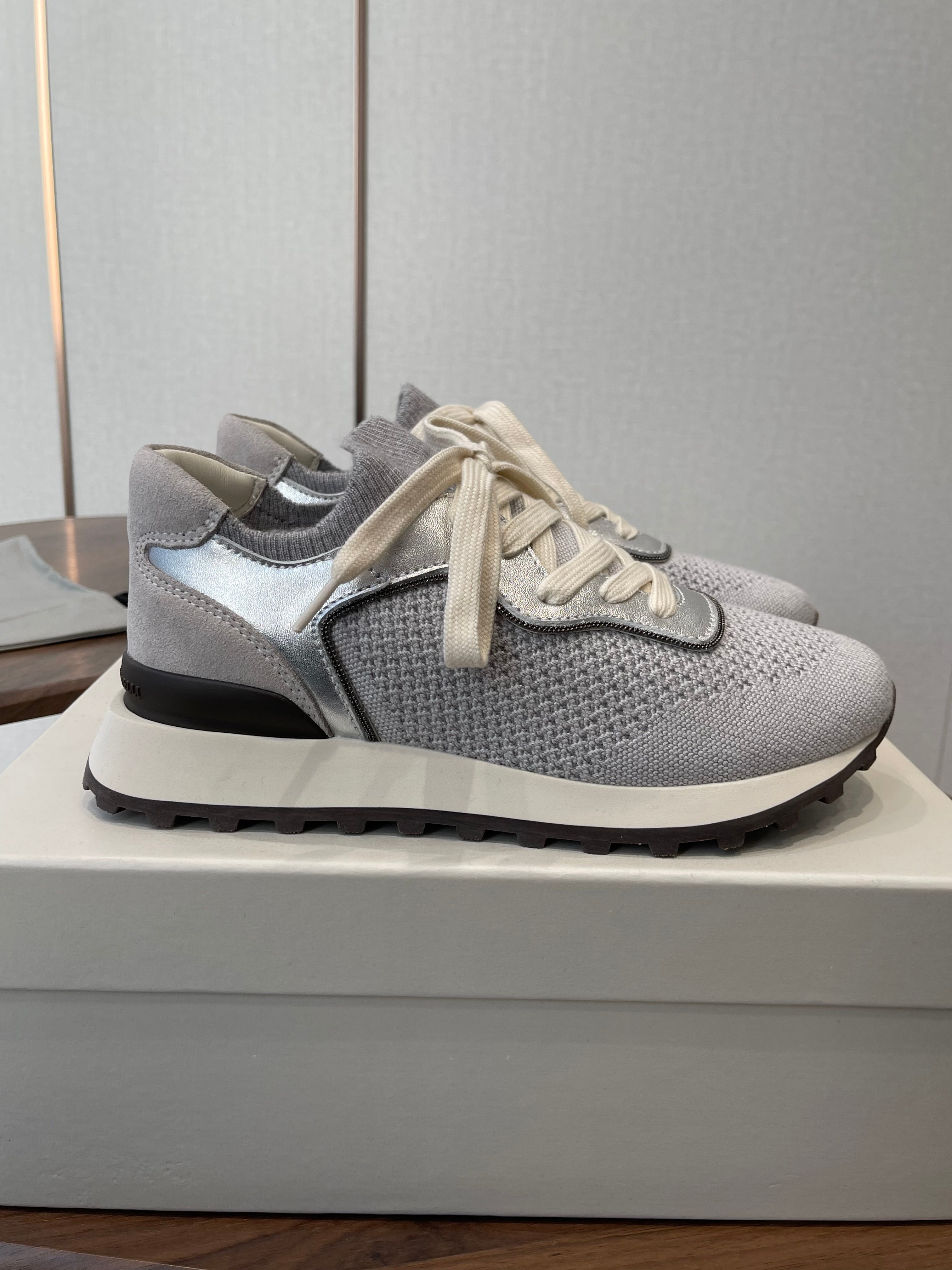 Brunello Runners With Shiny Eyelets Grey Suede Cotton 624469