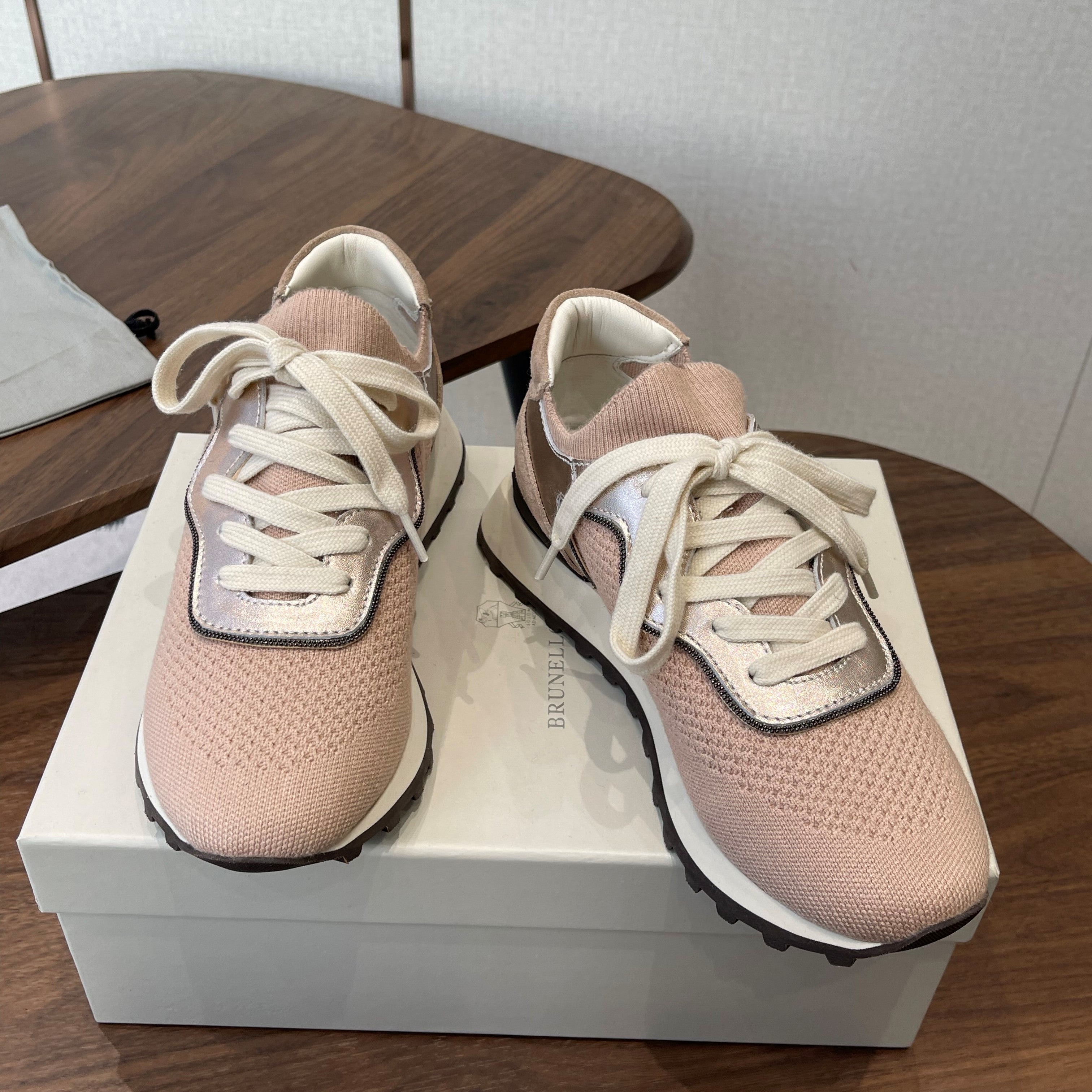 Brunello Runners With Shiny Eyelets Light Pink Suede Cotton 624470