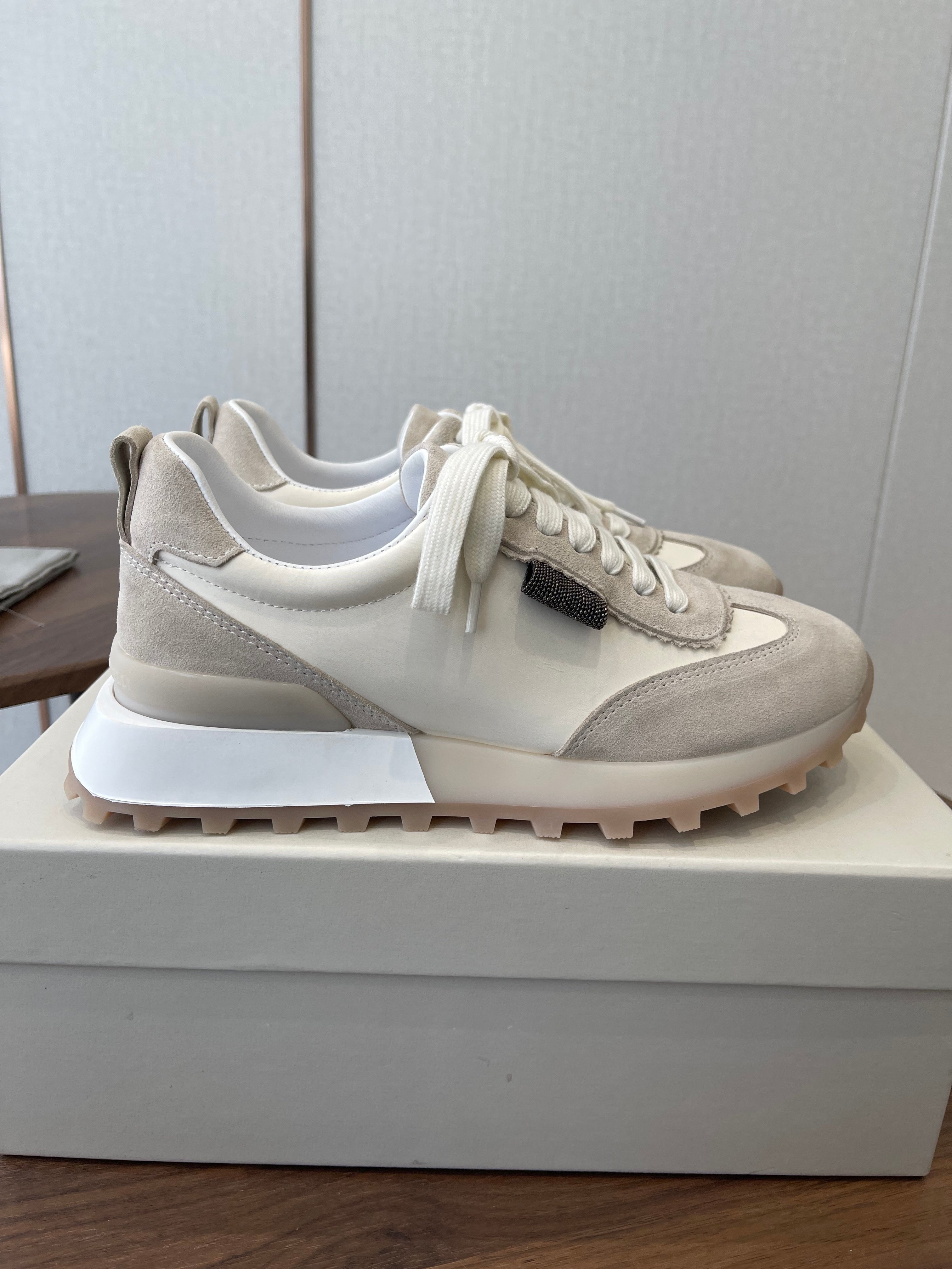Brunello Flannel Runners With Monili Ivory Grey Suede 624477