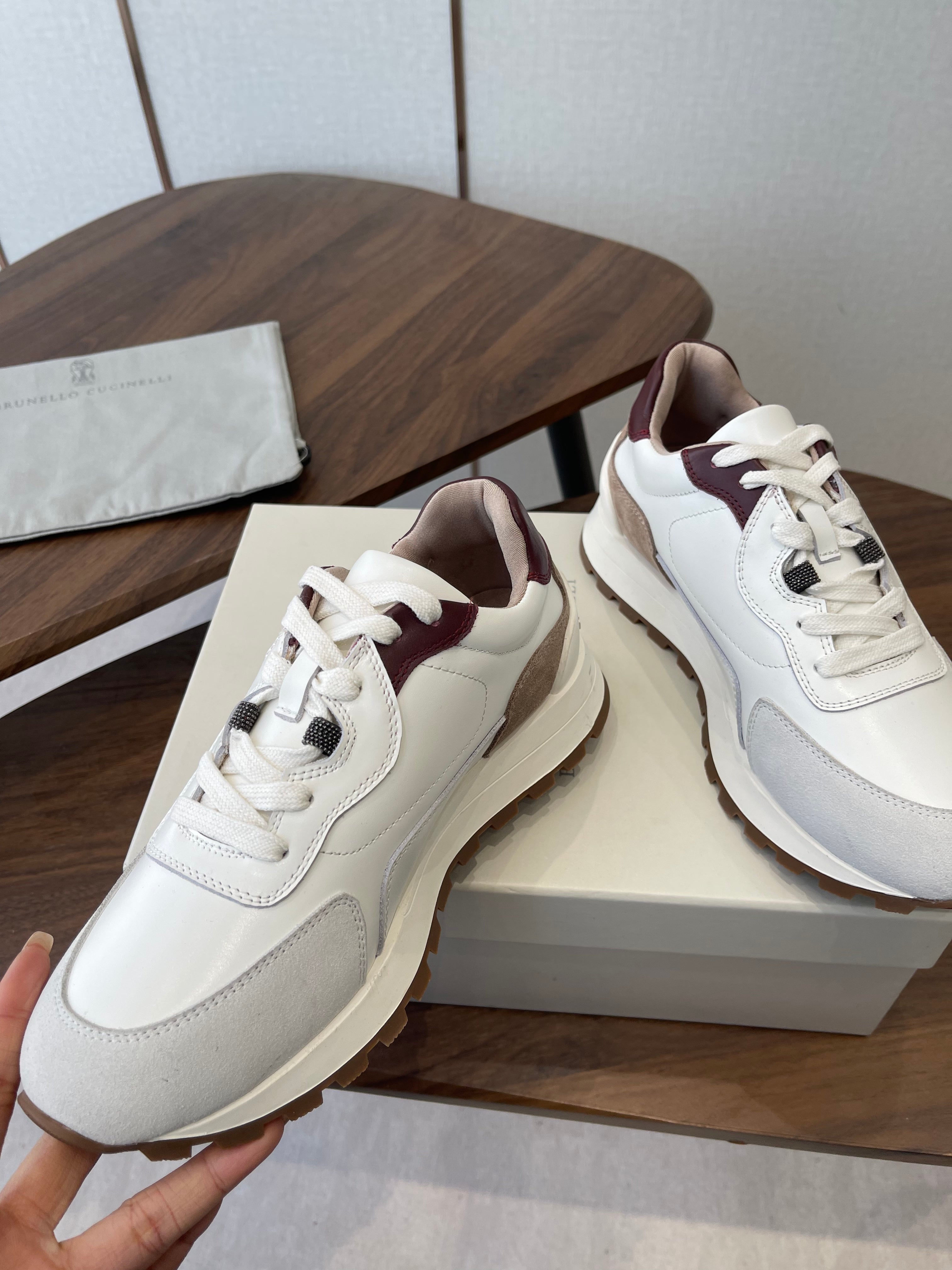 Brunello Runners With Shiny Details White Grey Brown Suede Leather 624480