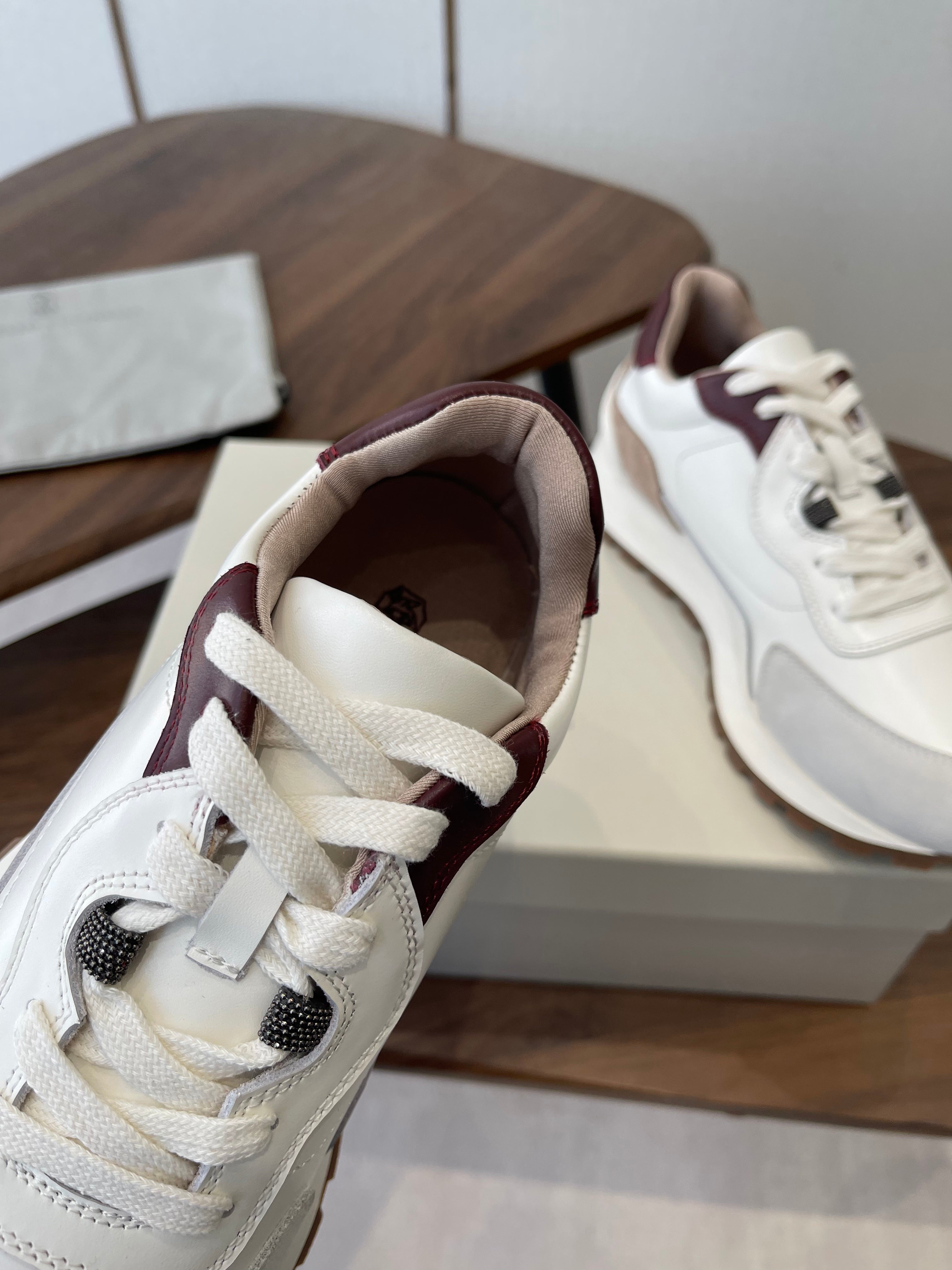 Brunello Runners With Shiny Details White Grey Brown Suede Leather 624480