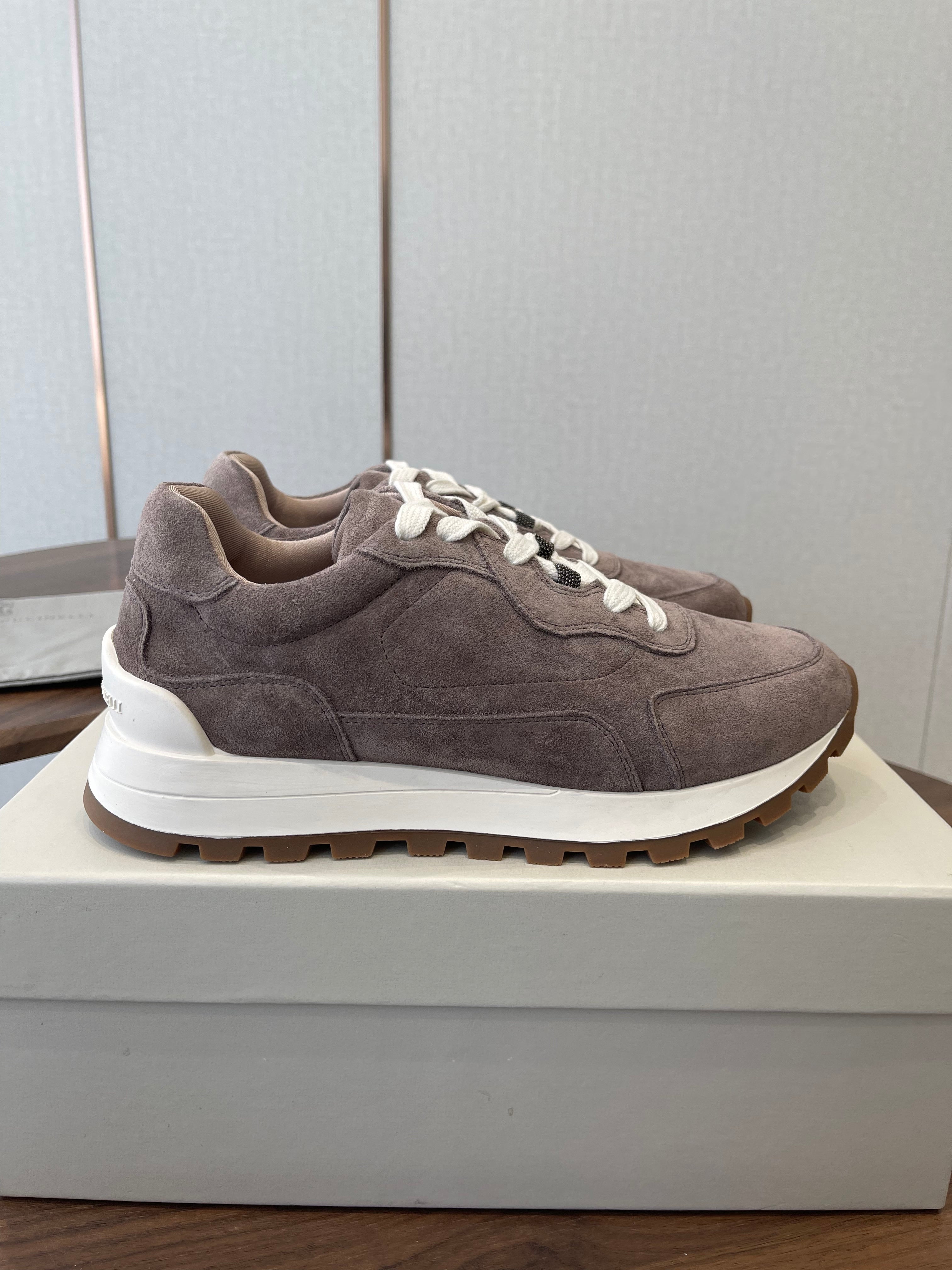Brunello Runners With Shiny Details Taupe Suede 624481