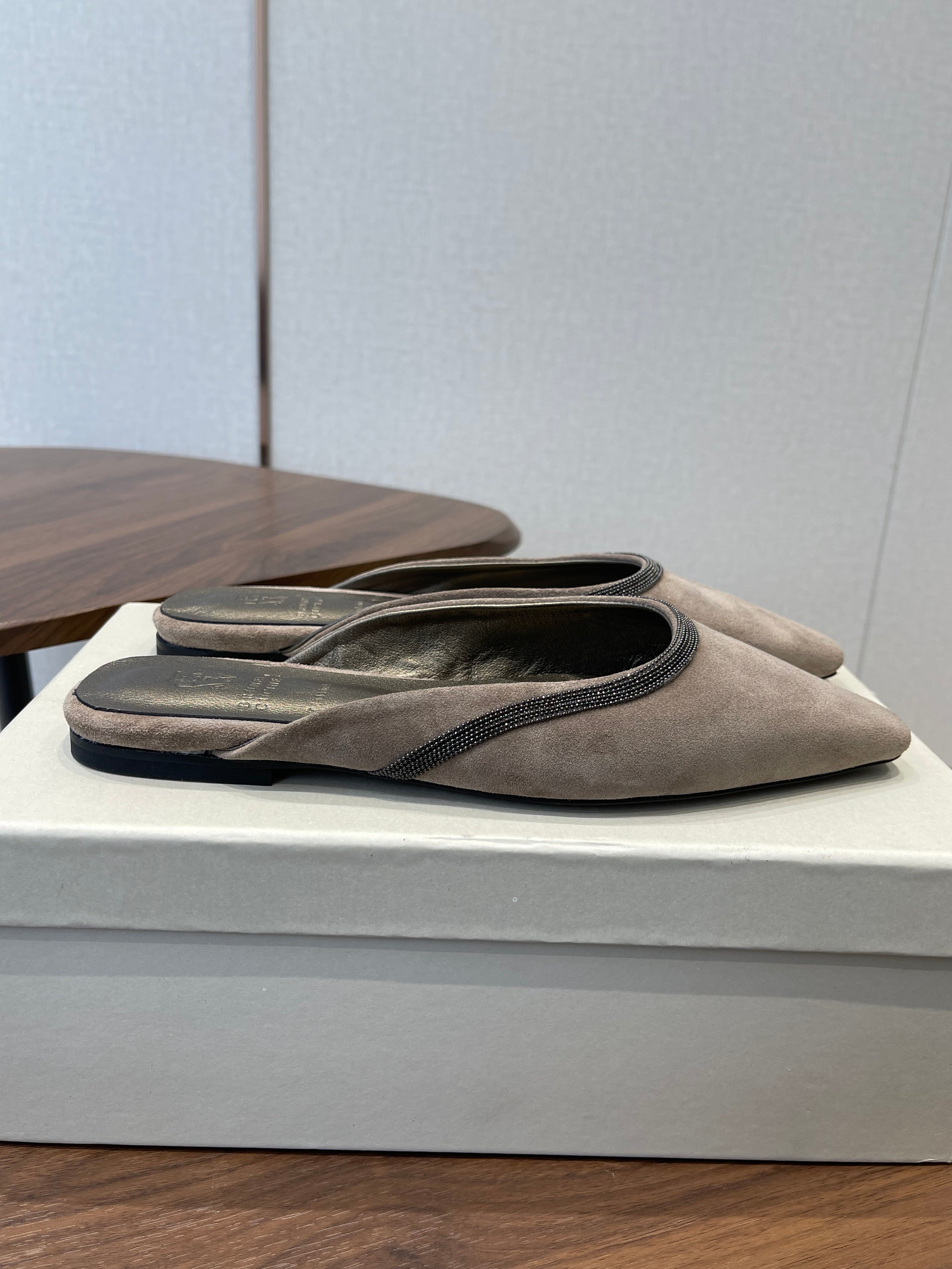 Brunello Monili-chain Mules Taupe Suede 624509