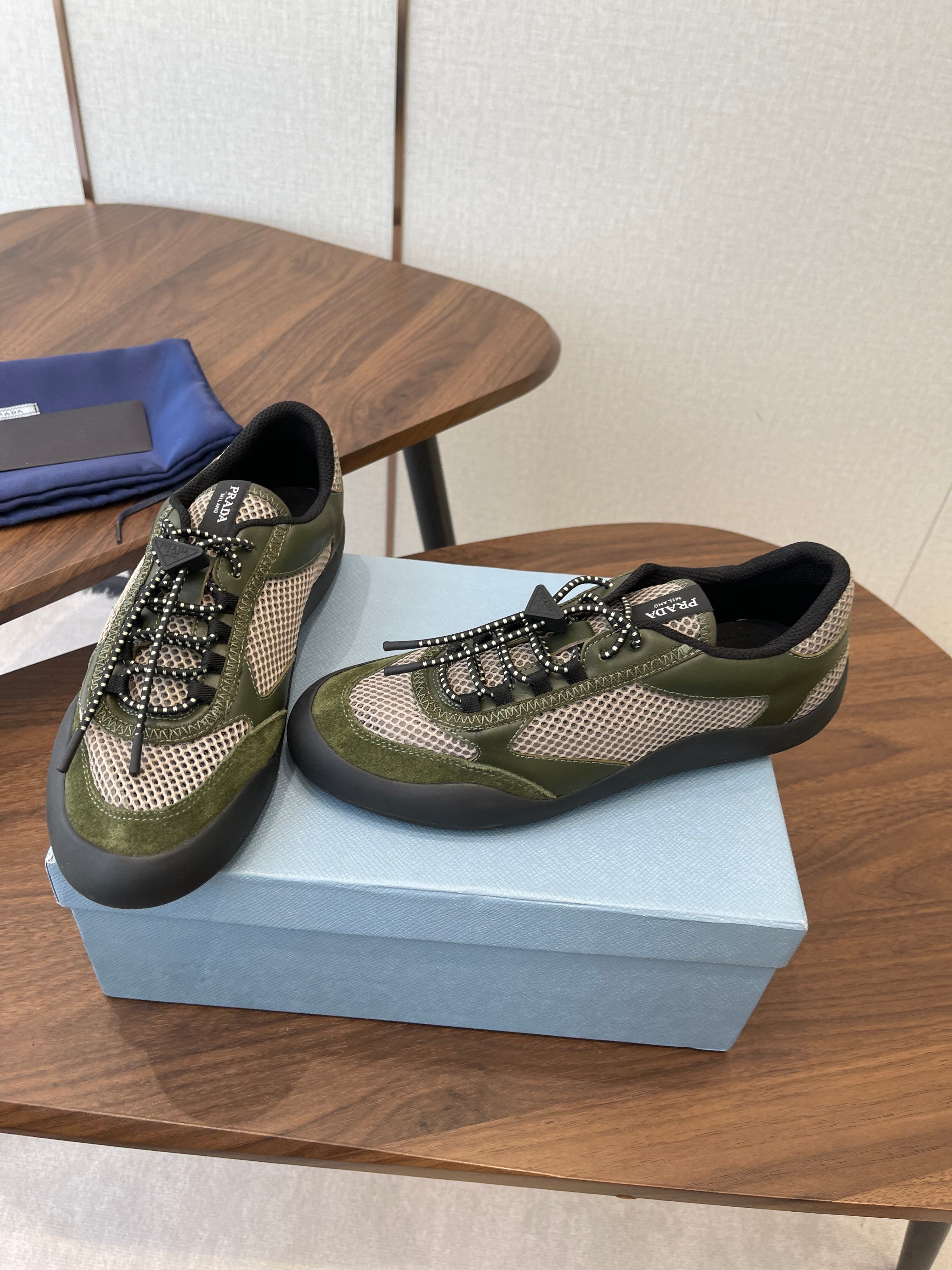 Prada Speedrock Sneakers Olive Green Mesh Fabric 727600