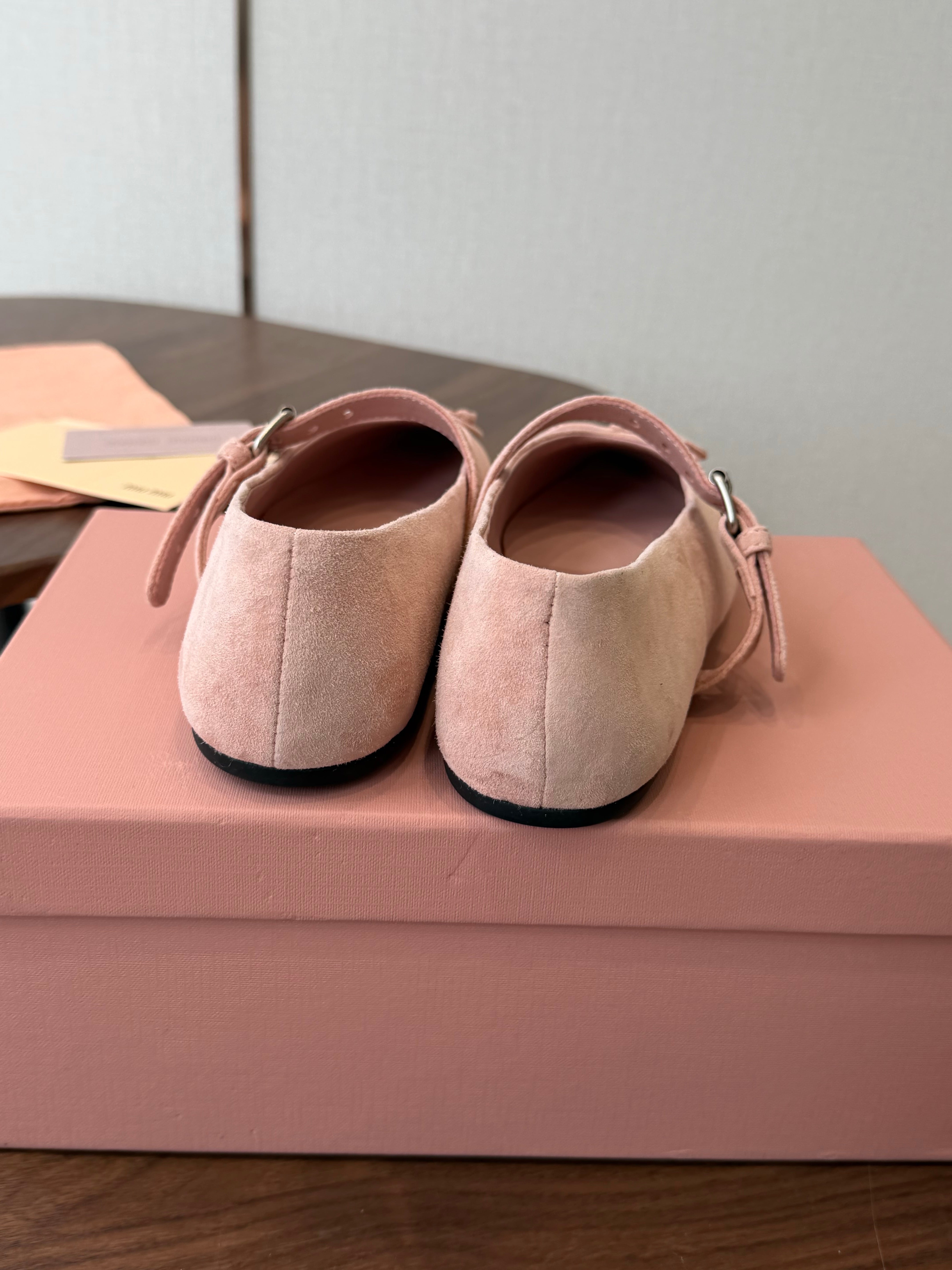 Miu Pointed-Toe Ballerina Flats Light Link Suede 940006