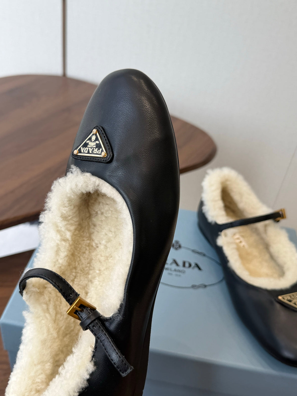 Prada Mary Jane Ballerina Flats Black Leather Shearling 158581